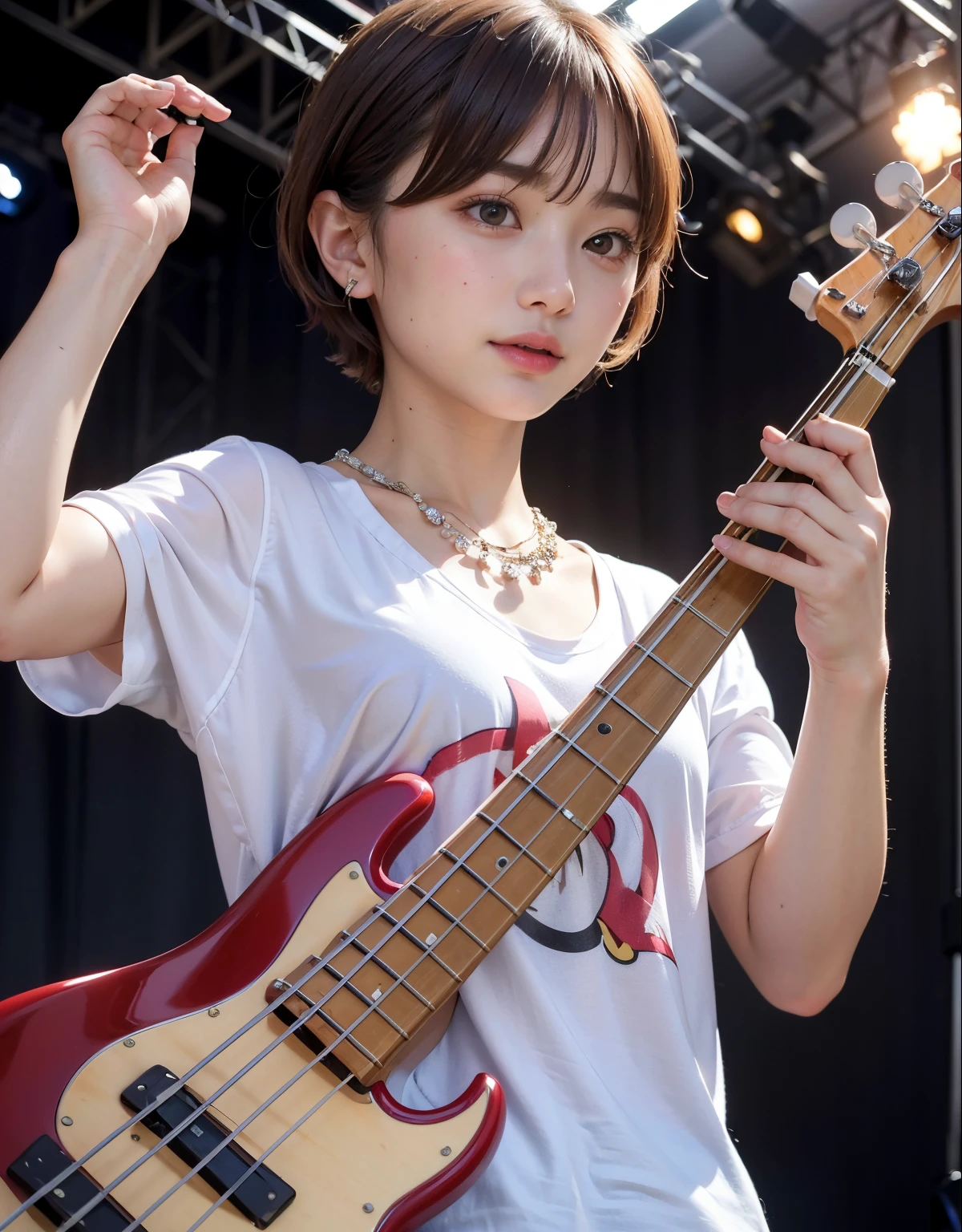 ((top-quality))、(masterpiece:1.4)、Raw photography、8K、((Top image quality))、 ((超A high resolution))、Beautiful face in every detail、Realistic human skin、Gentle expression、(One lady:1.3 )、realisitic、Photorealsitic、(short-hair:1.4)、(Beautuful Women)、extra very short hair、(Cute Japan Girls)、((Pretty Woman))、(Beautiful hair)、(((Red cheeks)))、((big eye))、20-year-old beauty、(a small face:1.8)、Smaller head、(long neck:1.3)、(Concert T-shirt)、pale skin、Spot-free skin、With bangs、Everyone longs for、Beautiful female model in Japan、eight heads high、(a necklace)、((music festival))、singers、Everyone admires her、(bass guitar:1.4)、(On stage:1.4)、(Outdoor stage)、wristbands、