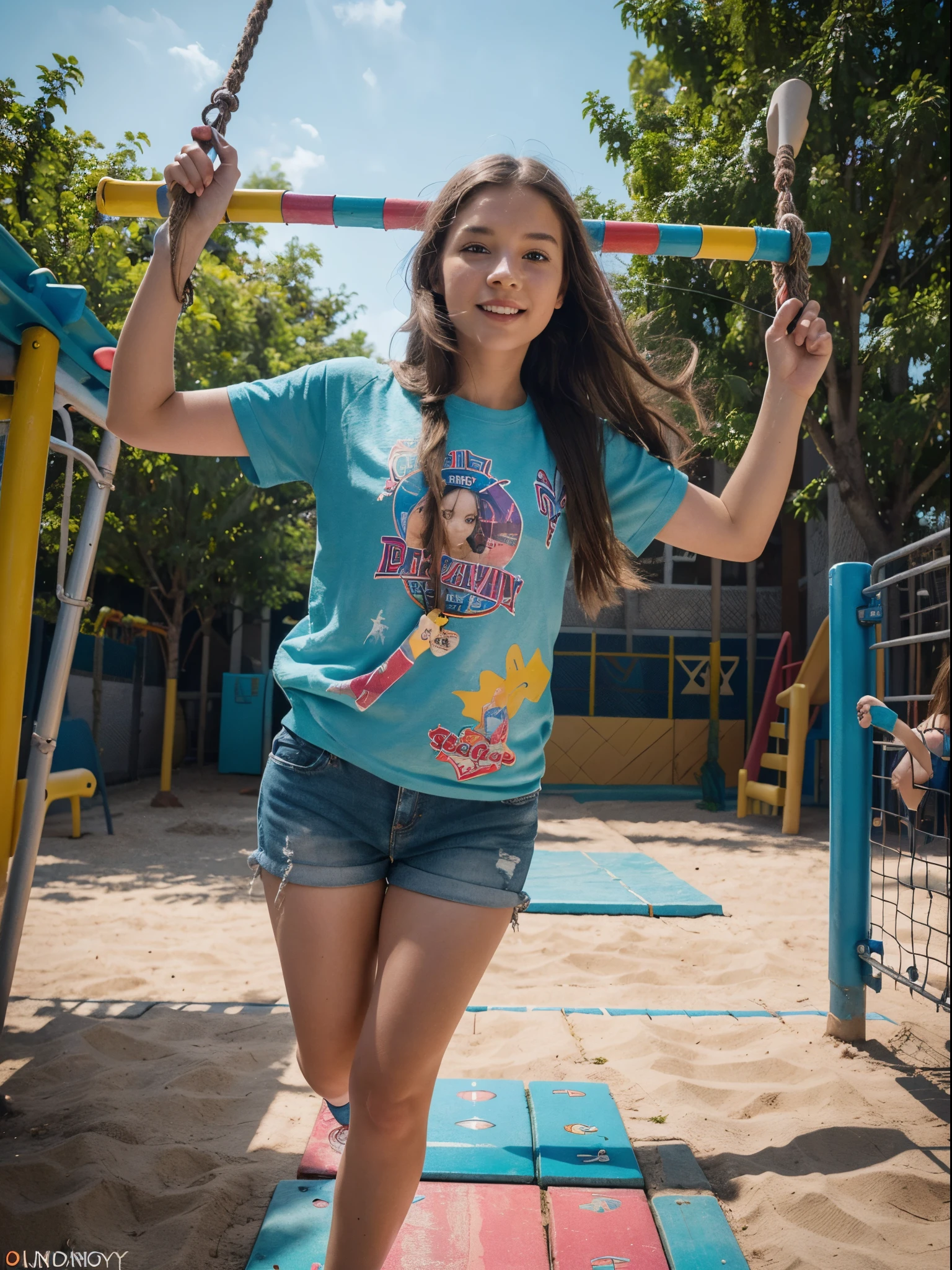 A girl playing on the playground,detailed facial features,long hair,adventurous expression,casual clothing,playful atmosphere,colorful environment,toy slides and swings,beautiful sunny day, vibrant colors,dynamic lighting,mixed media (illustration and photography:1.1),high resolution (4k),physically-based rendering,ultra-realistic,fun and energetic,action-packed,with a touch of fantasy.