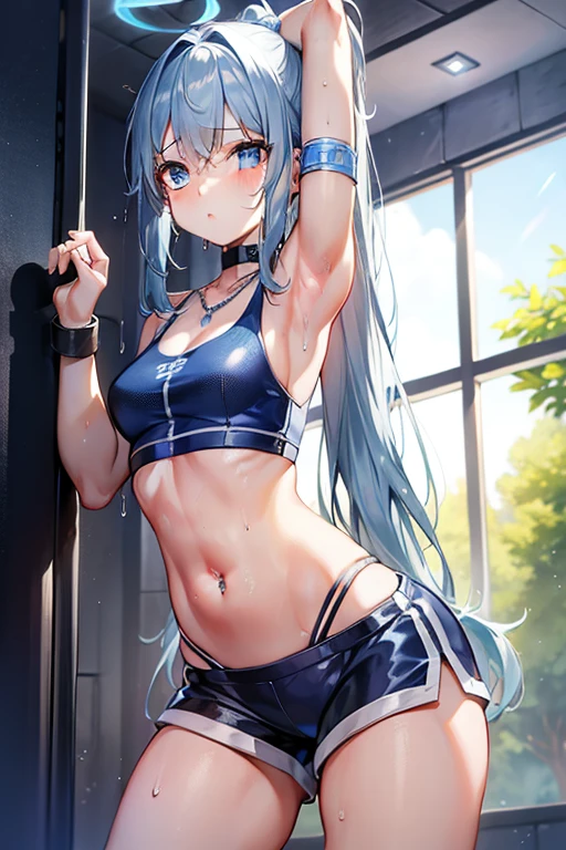 fitness gym、Wet and sheer fitness wear、Navel Ejection、armpit、is standing、poneyTail、blue hairs、Silver Necklace、wristbands、small tit、perspiring、abdominals、belly button piercing