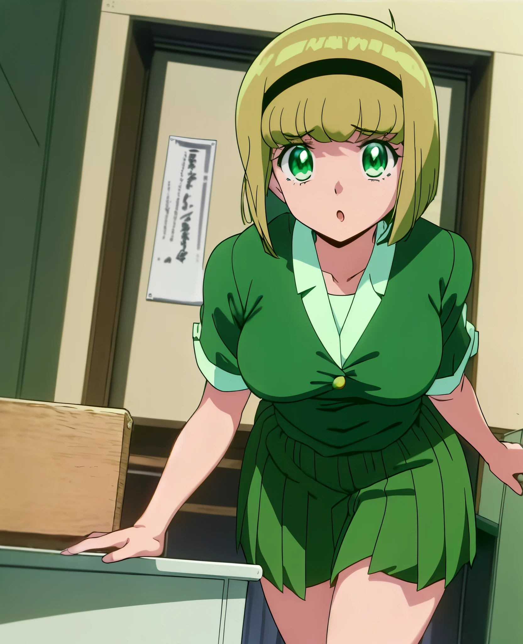 masterpiece, best quality, 1girl, solo, (Hosokawa Miki:1.4), (emerald green eyes:1.4),bangs, medium breasts, strong yellow hair,(short hair:1.4), uniforme schoolar, simple background