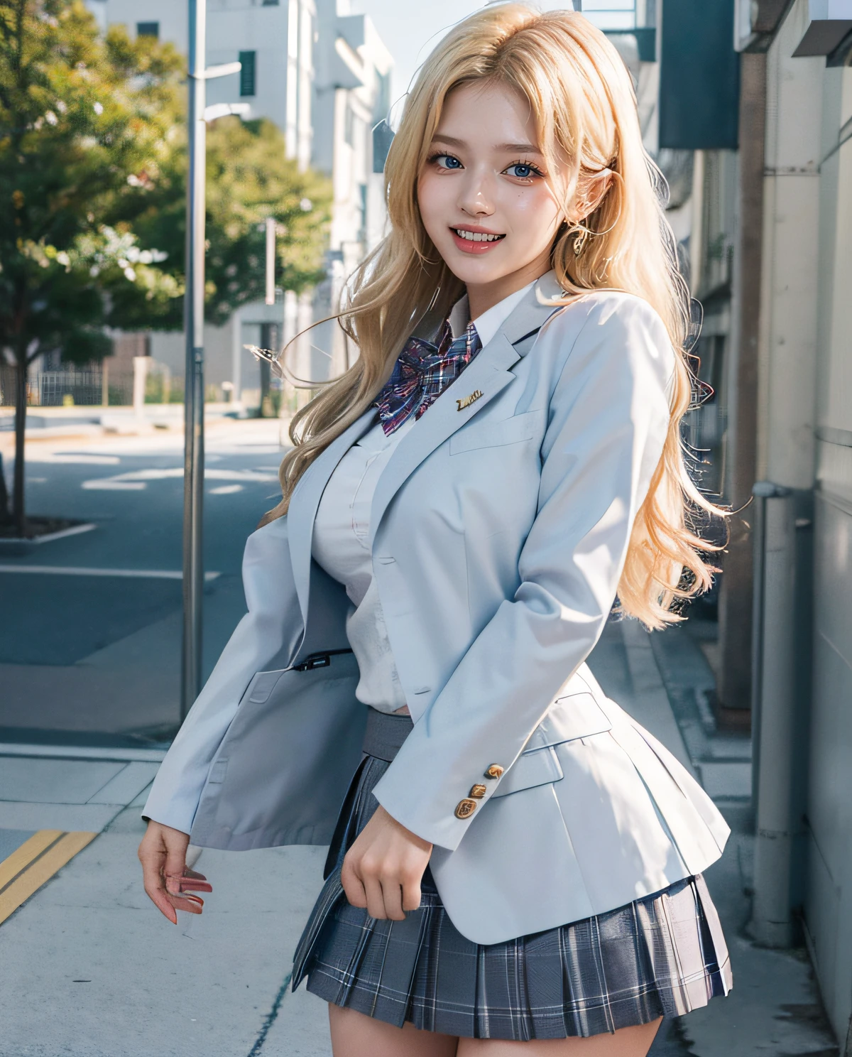 snapshot, macro shot, sexy body, perfect face, photogenic, 3D, blazer uniform, pink and white mixed hair color brown pupils, makeup, red lips, high school student, Japanese female high school uniform, real, shiny Skin, beautiful and delicate face, beautiful, delicate eyes, miniskirt, big breasts, carrying a sports bag in both hands, walking by the river bank in the evening,