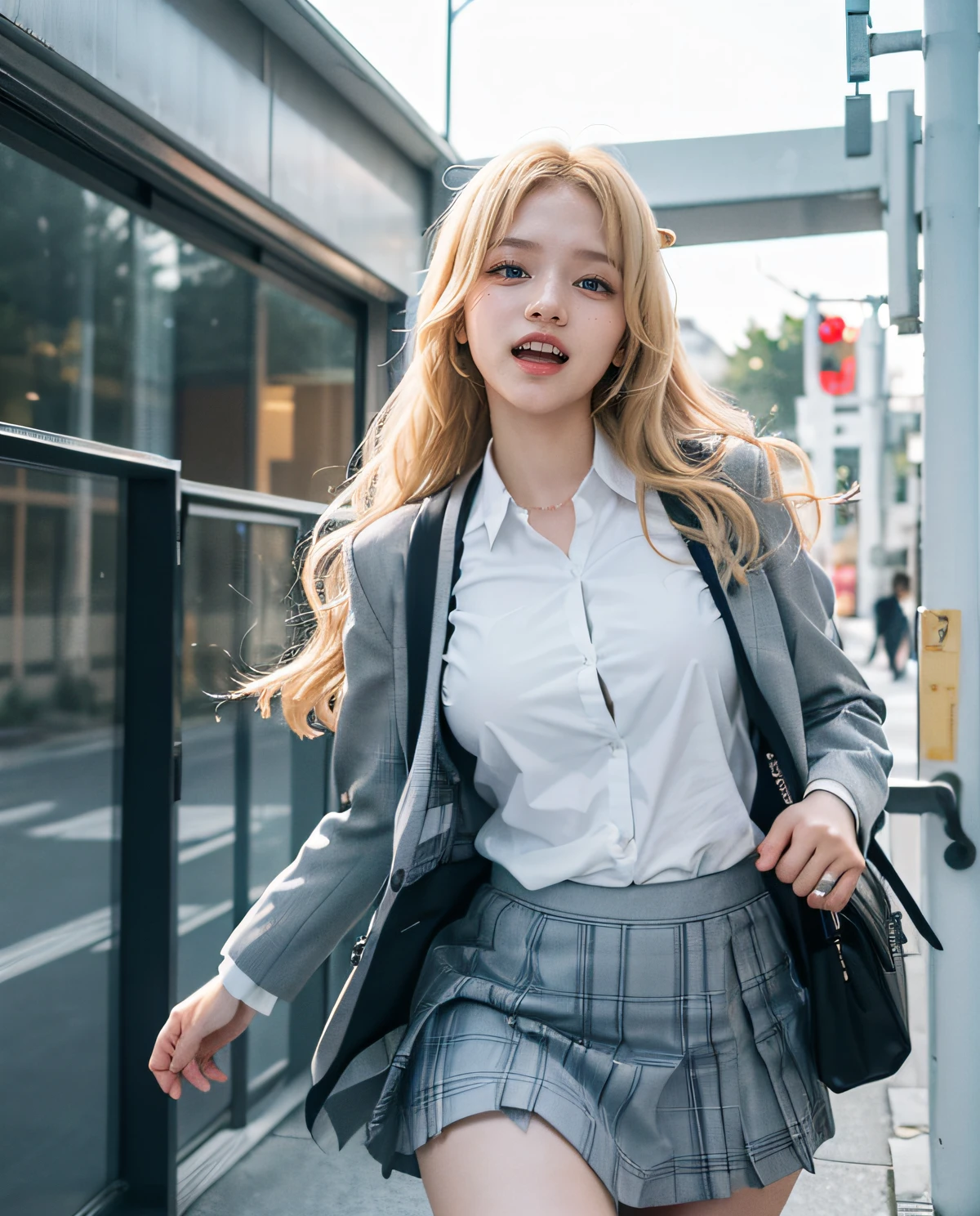 1girl, (Blue eyes), (laughing), (Sana Minatozaki), wide hips, Big Boobs, big ass, (Best Quality, 8k, Masterpiece: 1.3), perfect hands, Clear Focus: 1.2, Perfect Body Beauty: 1.4 , Slender Abs: 1.2, Highly detailed face and skin texture, detailed eyes, double eyelids, (blonde long hair), (white dress shirt :1.2), (gray school blazer), (plaid skirt flying in the air), ((japanese school uniform)), ((schoolgirl :1.3)), running, at the entrance of a Japanese school