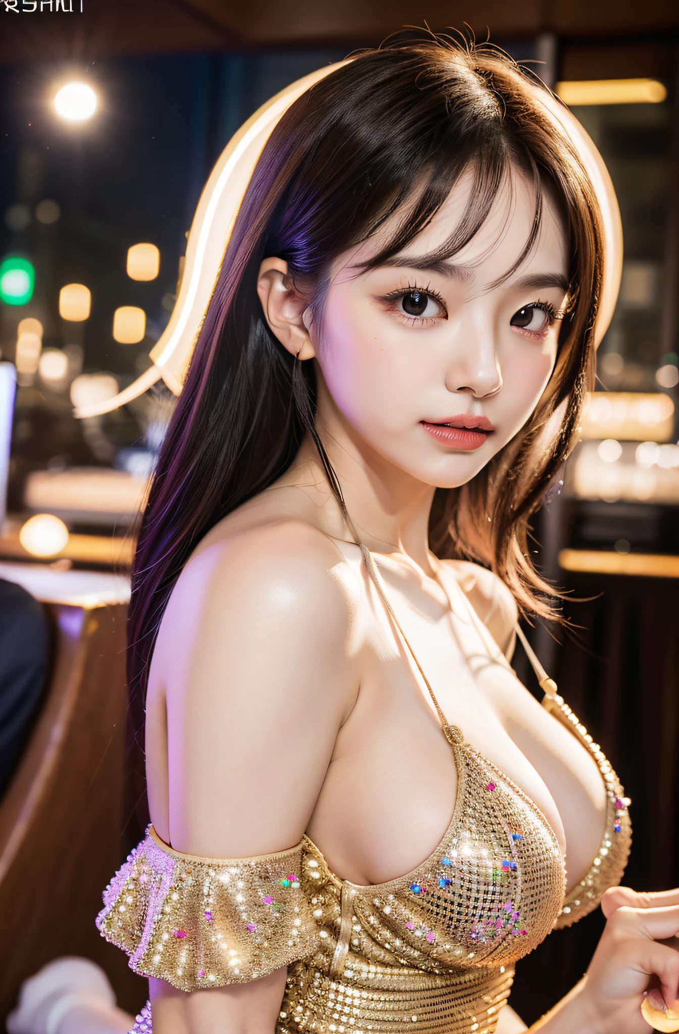 Exposed nipples、Luxury Clubs、The award ceremony inside the cabaret club、Wearing a sparkling white dress、High exposure、Photorealistic images of solo idols, Morning Musume inspired by Eri Kamei, Radiates charm and beauty with plenty of bust and subtle exposure of cleavage. The image is、Must reflect a real person of the highest quality, Powered by Ultra-HD (16 K) resolution, crisp detail, Vivid colors, Dynamic Range, Soft bokeh, Fine texture, Realistic realism, Pin Sharp Focus. Lighting is、Face that is、In the glow of city lights、It's the soft glow of a computer screen. The camera setup is、Nikon D850 and NIKKOR Z 58mm Boobs Boobs Boobs Boobs F。/0.95 S Noct lens, The setting must be ISO 64, F/0.95, Shutter speed is 1/60. --ar 16:9 - V5.1 --Style raw --Q 2 --S 750