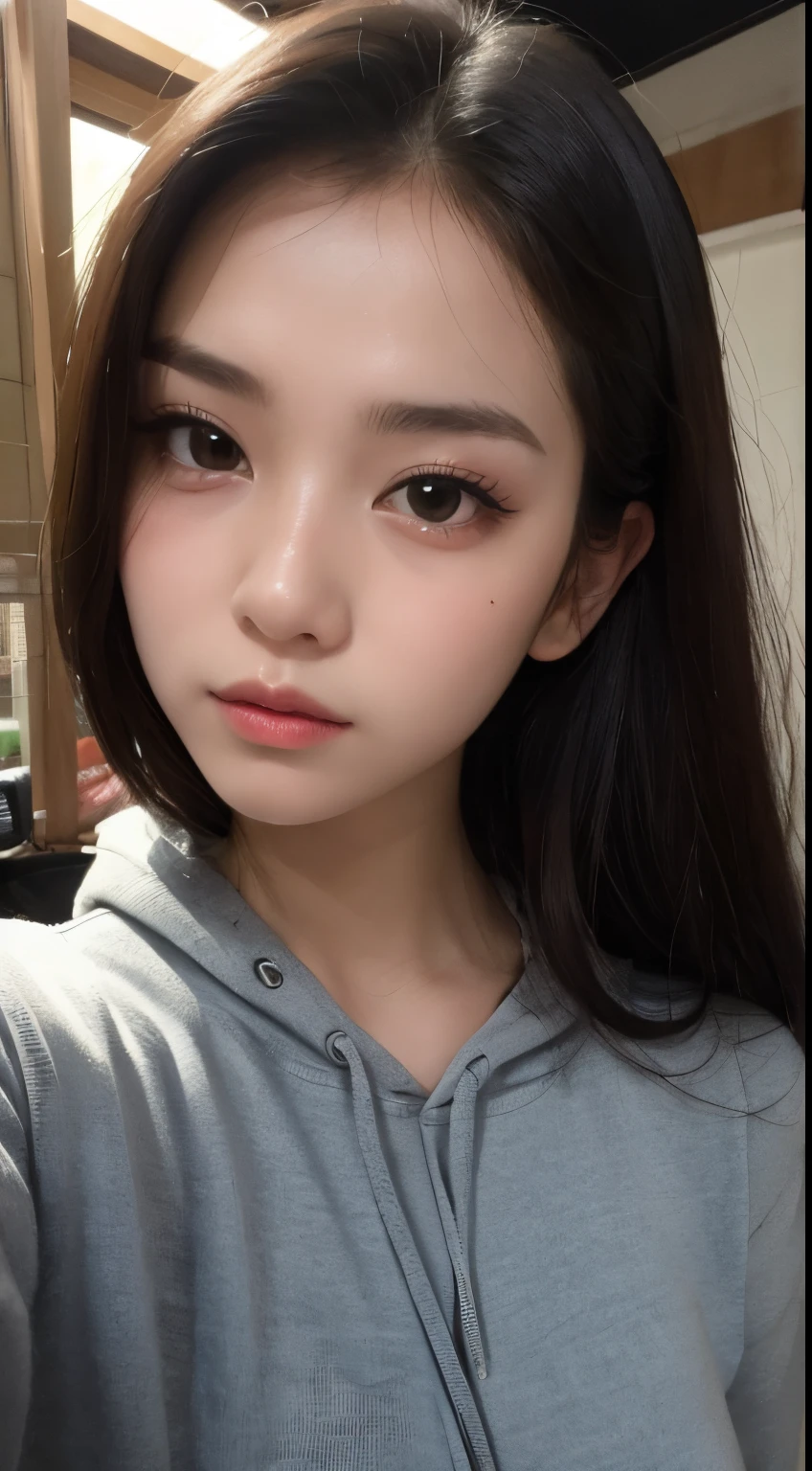 Best Quality, Human girl, finely detail, hight resolution, 8K Wallpaper, Perfect dynamic composition,small tits、Natural Color Lip, Randomly poses,20 years girl,Cute,is looking at the camera, Sexy face,Wear a Black hoodie,Close-up of your face,Take a selfie,Indonesian Girl,Long black hair,At the warteg
