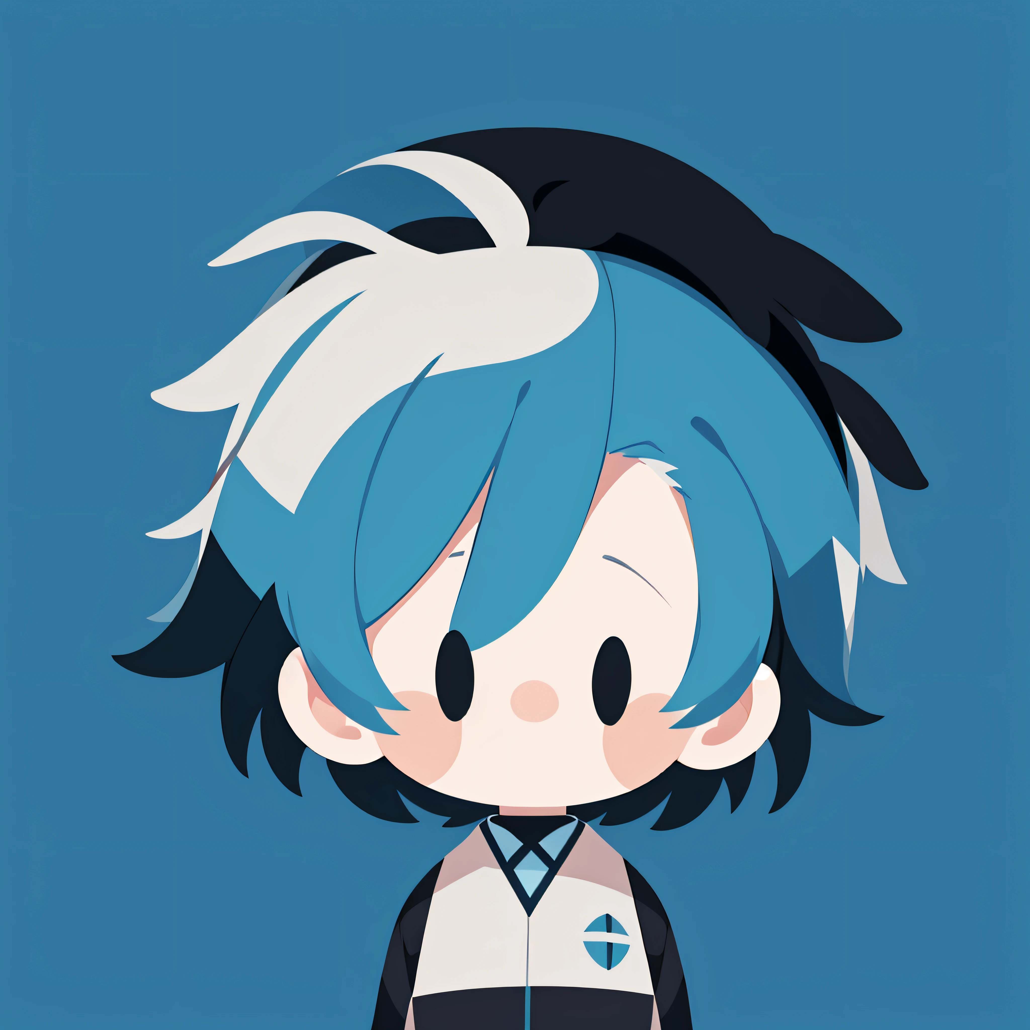 Flat Avatar, a  boy, Solo, delighted expression, Short black hair with blue mesh, Blue eyes, white backgrounid, Full body, Chibi, wear black and blue clothes