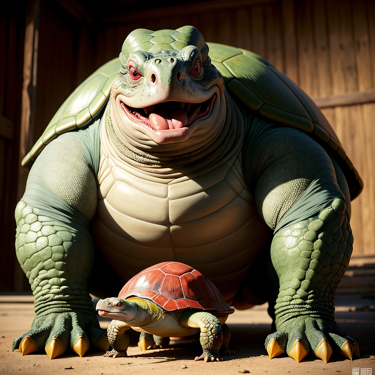 This turtle is huge，Its skin has many wrinkles and pimples，Looks very old and hard。when it opens its mouth，You can see its huge teeth and bright red tongue。This turtle is not only big，And very spectacular，tocar。