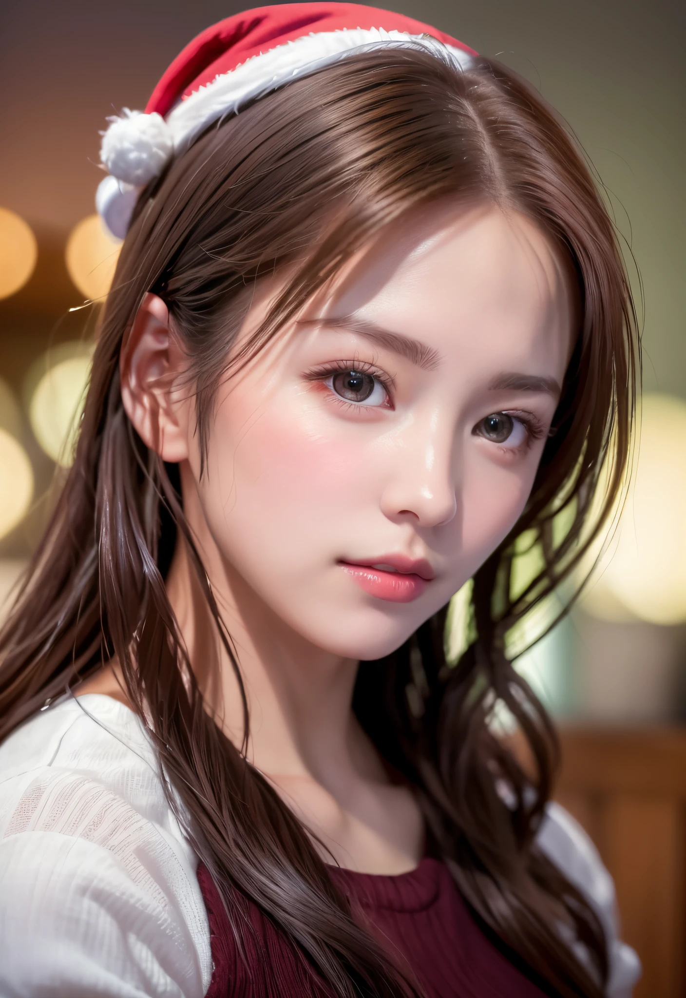 8K, of the highest quality, masutepiece:1.2), (Realistic, Photorealsitic:1.37), of the highest quality, masutepiece, Beautiful young woman, Pensive expression,、A charming、and an inviting look, cute santa clothes, Hair tied back, Cinematic background, Light skin tone