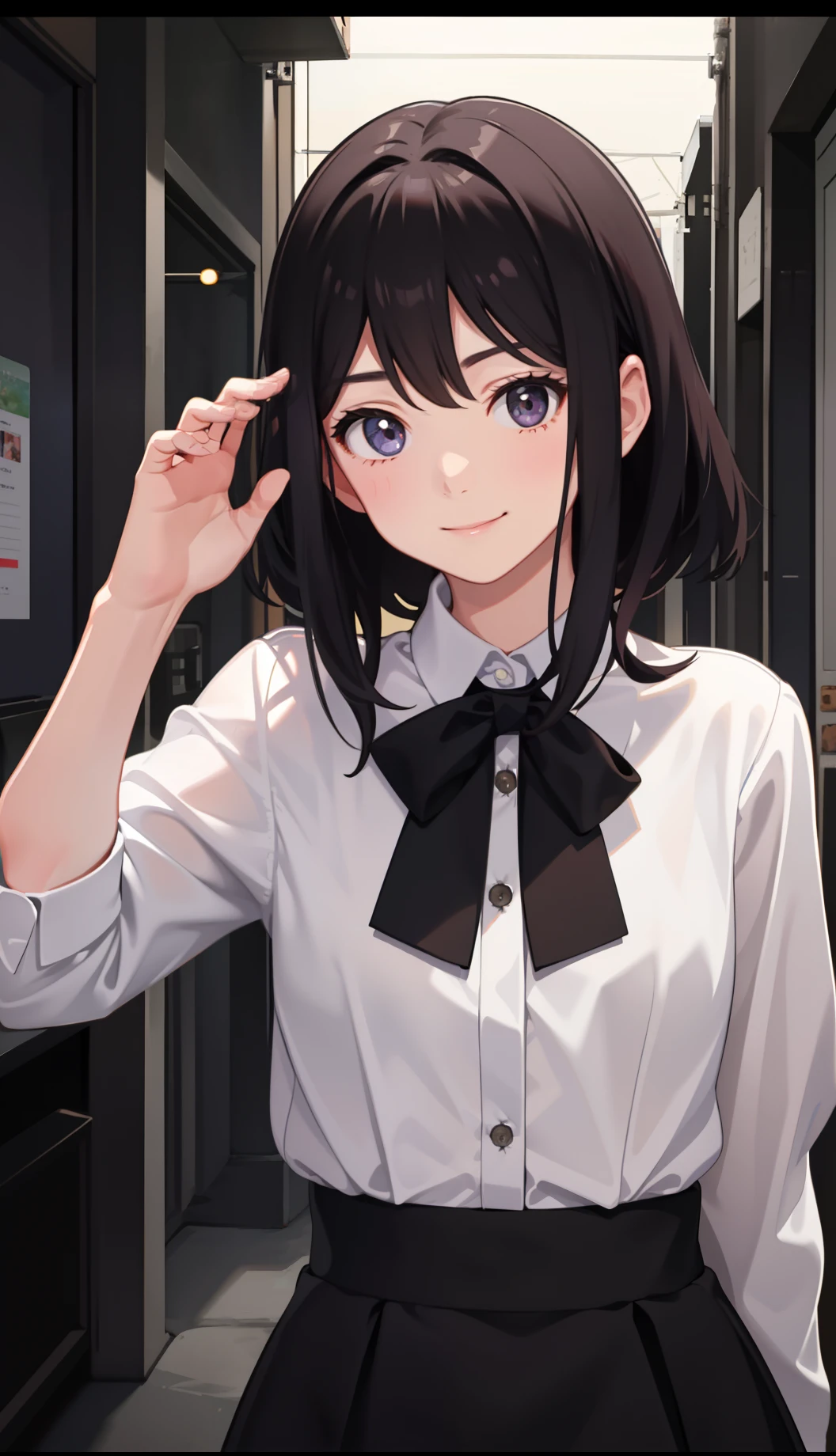 1girl in、AS-Adult、A smile、Light in the eyes、The shirt、Blouse、skirt by the、(small tits)Chilarism、movement、Upper body portrait、