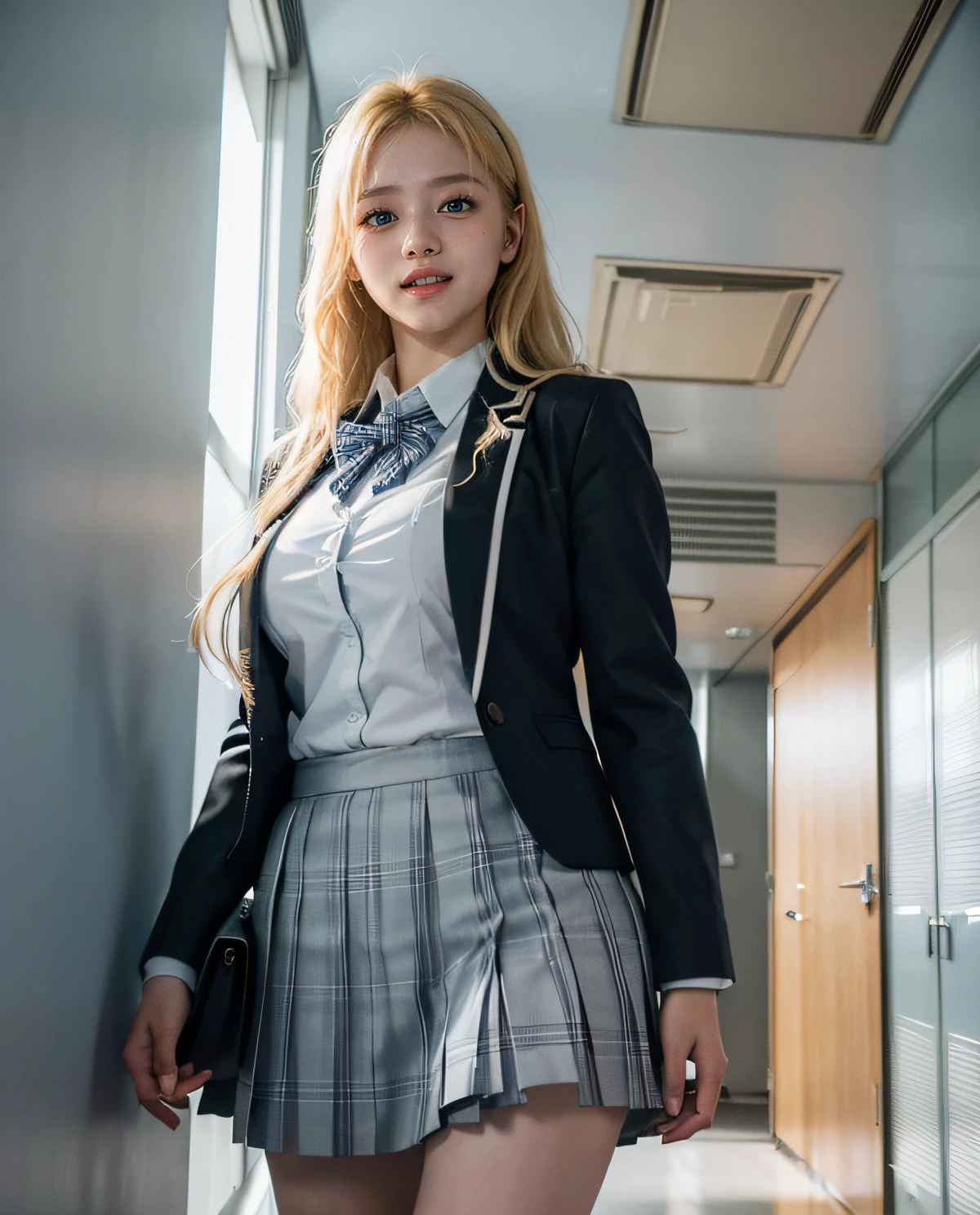 1girl, (Blue eyes), (laughing), (Sana Minatozaki), wide hips, Big Boobs, big ass, (Best Quality, 8k, Masterpiece: 1.3), perfect hands, Clear Focus: 1.2, Perfect Body Beauty: 1.4 , Slender Abs: 1.2, Highly detailed face and skin texture, detailed eyes, double eyelids, (blonde long hair), (white dress shirt :1.2), (gray school blazer), (plaid skirt flying in the air), ((japanese school uniform)), ((schoolgirl :1.3)), standing, dynamic pose, view from below, at the entrance of a Japanese school