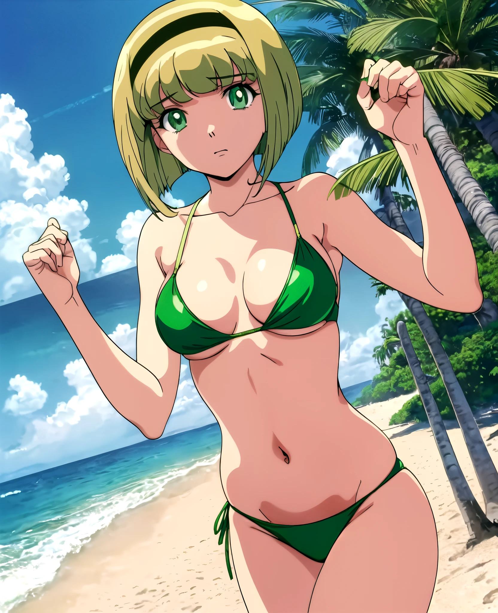 masterpiece, best quality, 1girl, solo, (Hosokawa Miki:1.4), (emerald green eyes:1.4),bangs, medium breasts, strong yellow hair,(short hair:1.4), bikini on beach, simple background, Best light