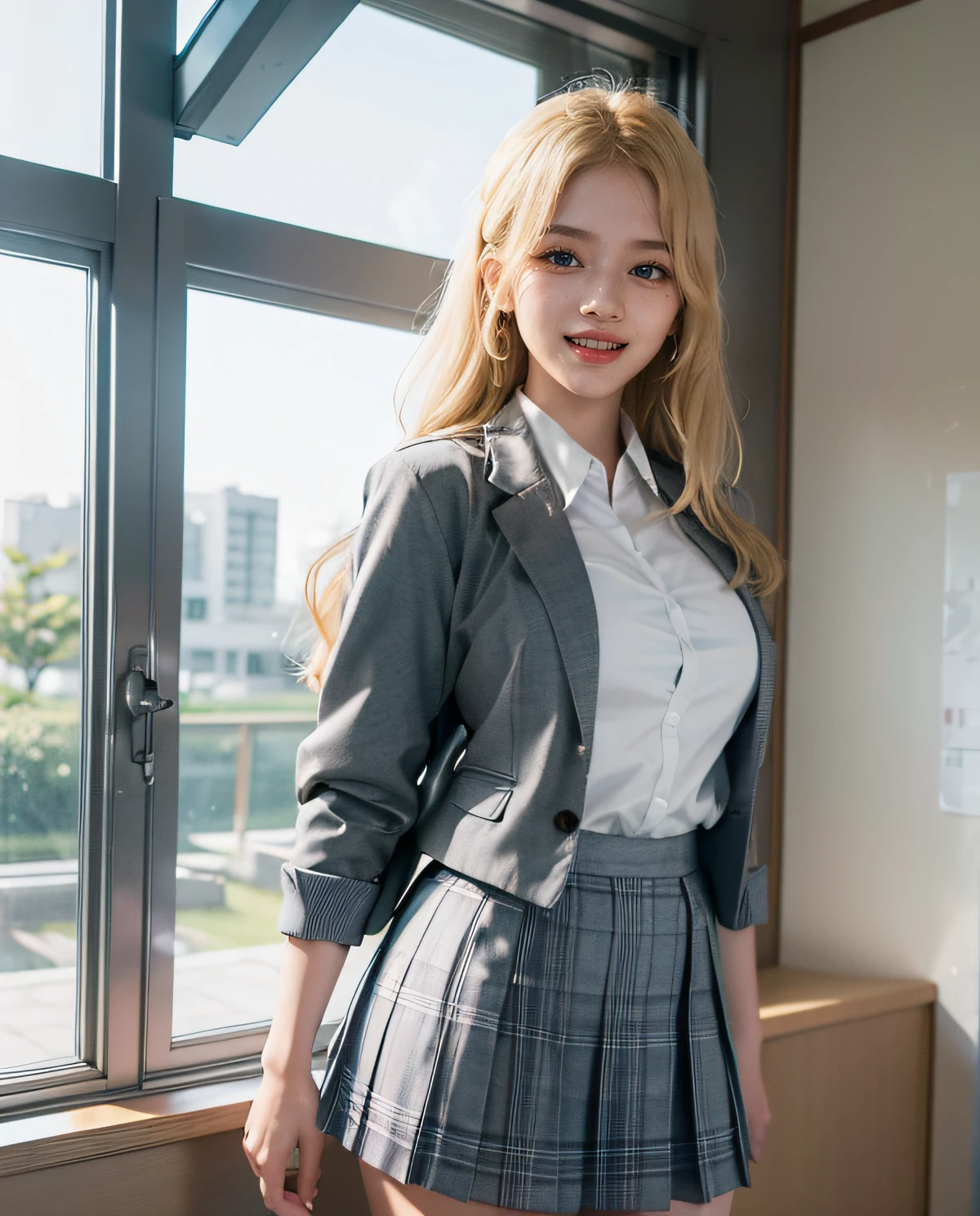 1girl, (Blue eyes), (laughing), (Sana Minatozaki), wide hips, Big Boobs, big ass, (Best Quality, 8k, Masterpiece: 1.3), perfect hands, Clear Focus: 1.2, Perfect Body Beauty: 1.4 , Slender Abs: 1.2, Highly detailed face and skin texture, detailed eyes, double eyelids, (blonde long hair), (white dress shirt :1.2), (gray school blazer), (plaid skirt flying in the air), ((japanese school uniform)), ((schoolgirl :1.3)), standing, dynamic pose, view from below, at the entrance of a Japanese school