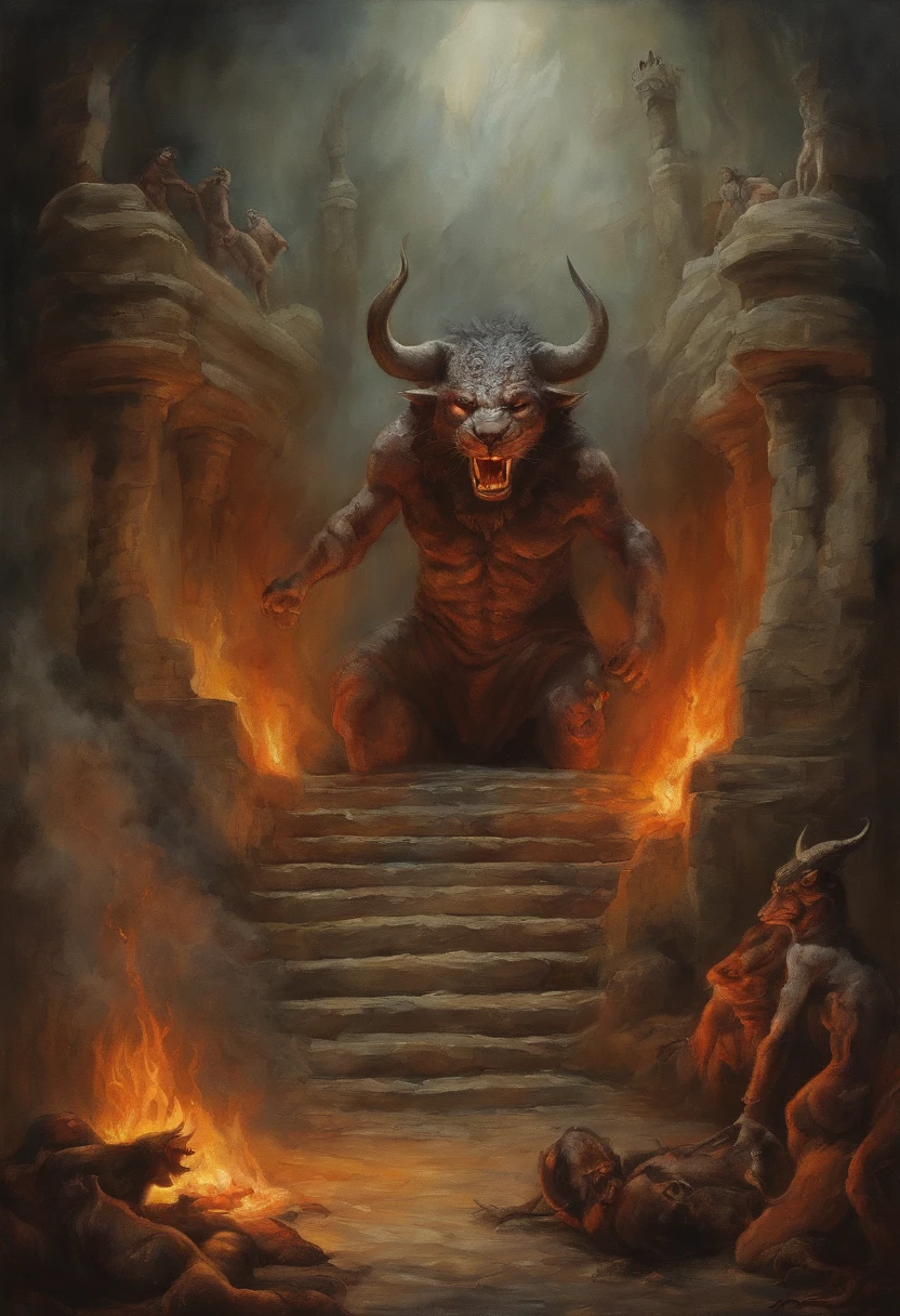 Realistic 8K oil painting of people suffering in the wells of hell, In the middle of the image a jaguar devil with horns on his head, Obra de arte inspirada no Inferno de Dante