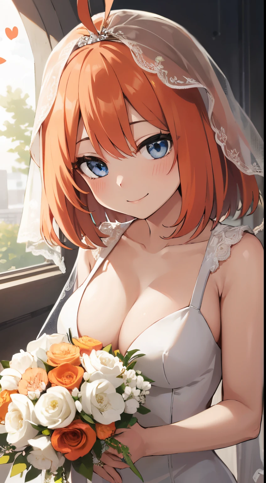 Nakano Yotsuba, Orange hair、wedding dress:1.4、look at viewr,A smile