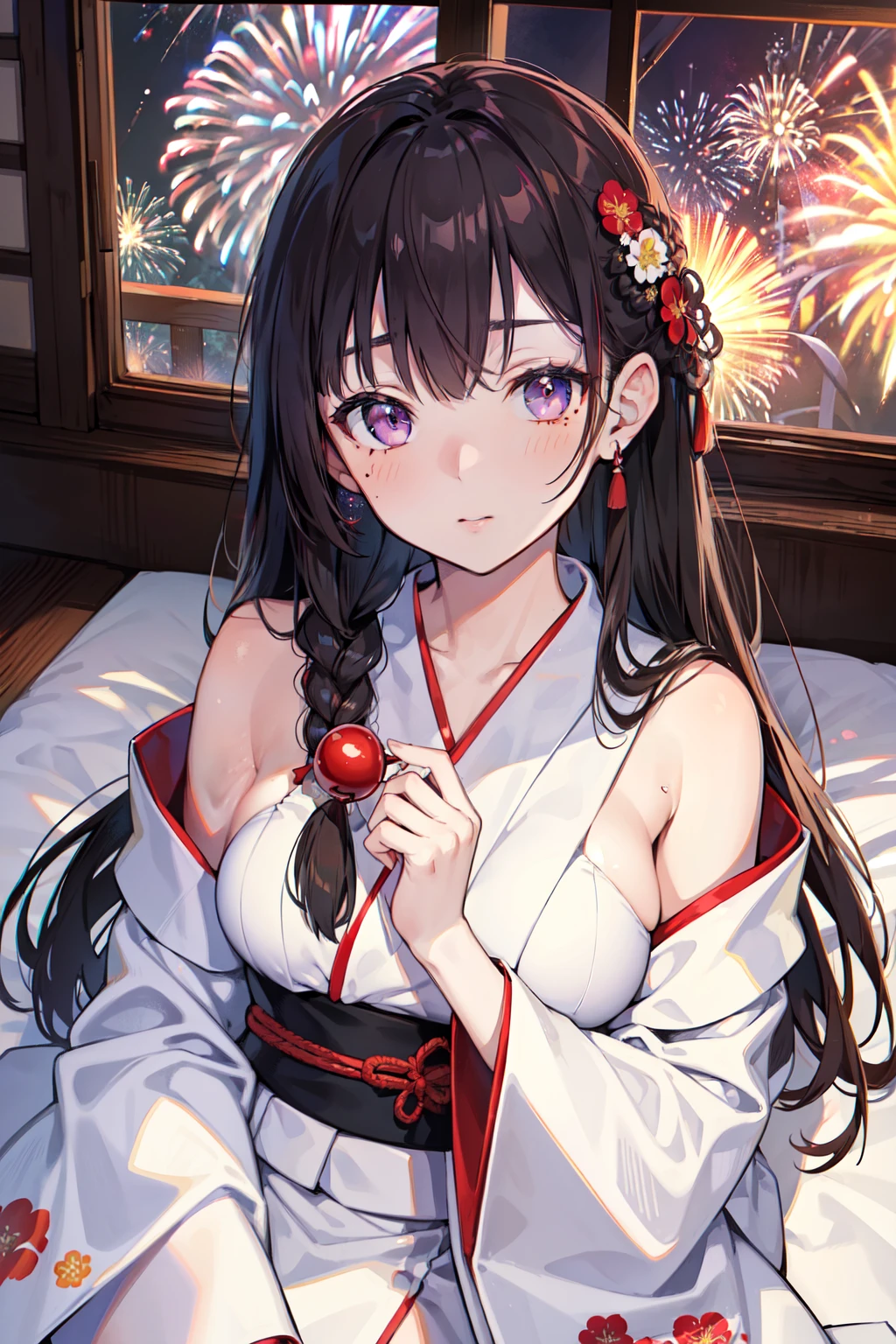 ((top-quality)),((masterpiece)),((ultra - detailed)),Miyo Nishimori,A brunette one,japanese hair,By bangs,side french braid,Floral decoration on hair,The eyes are purple,(There is a mole under the left eye),Wearing a white yukata,hands on hips,Time-honored hotel,((Lying on Futon)),put hands on head,show off your armpits,((Fireworks outside the window)),Red blush,Seductive look,Nishijin Ori,from the above