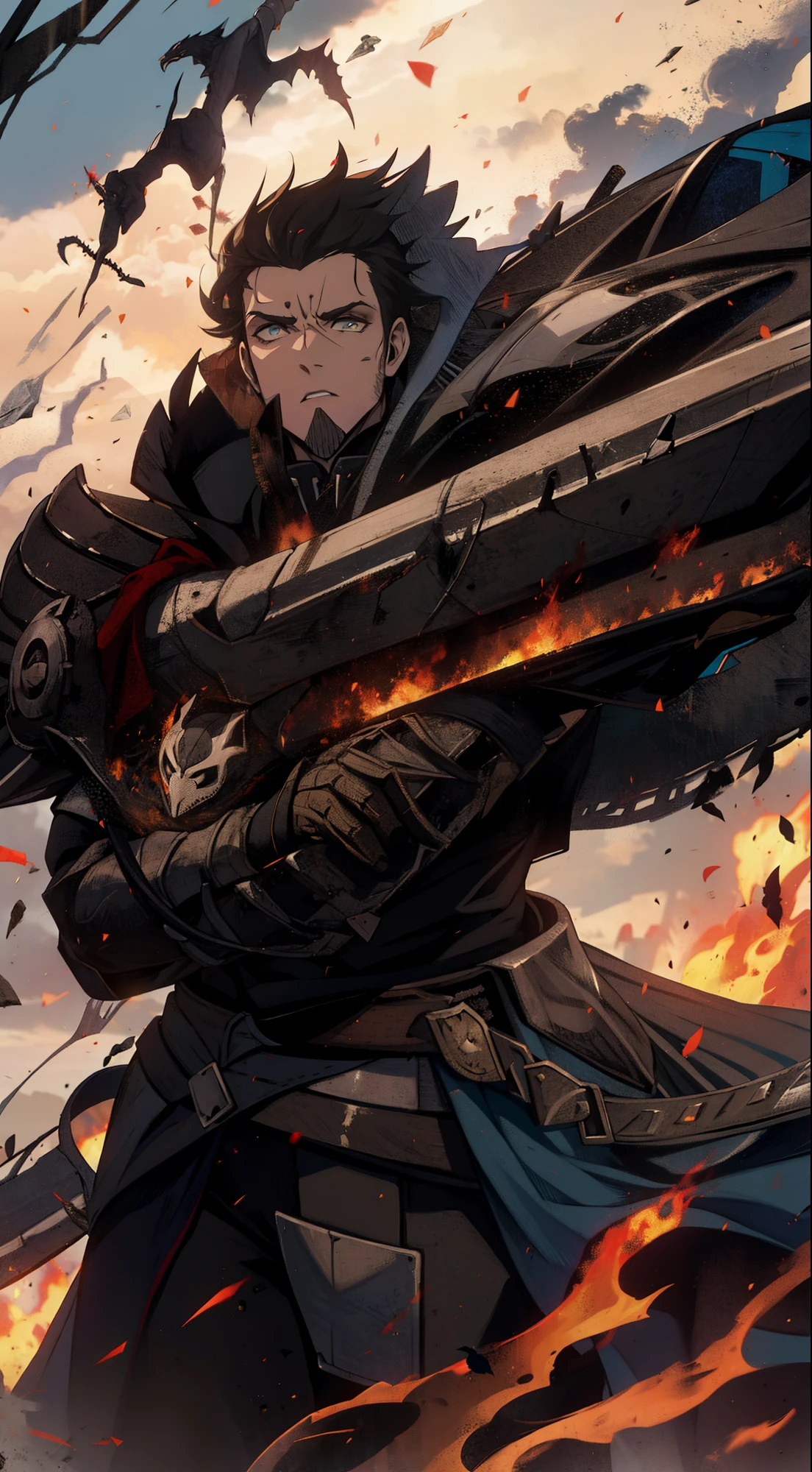 Homem, segurando uma espada, fogo, armadura negra,capa rasgada