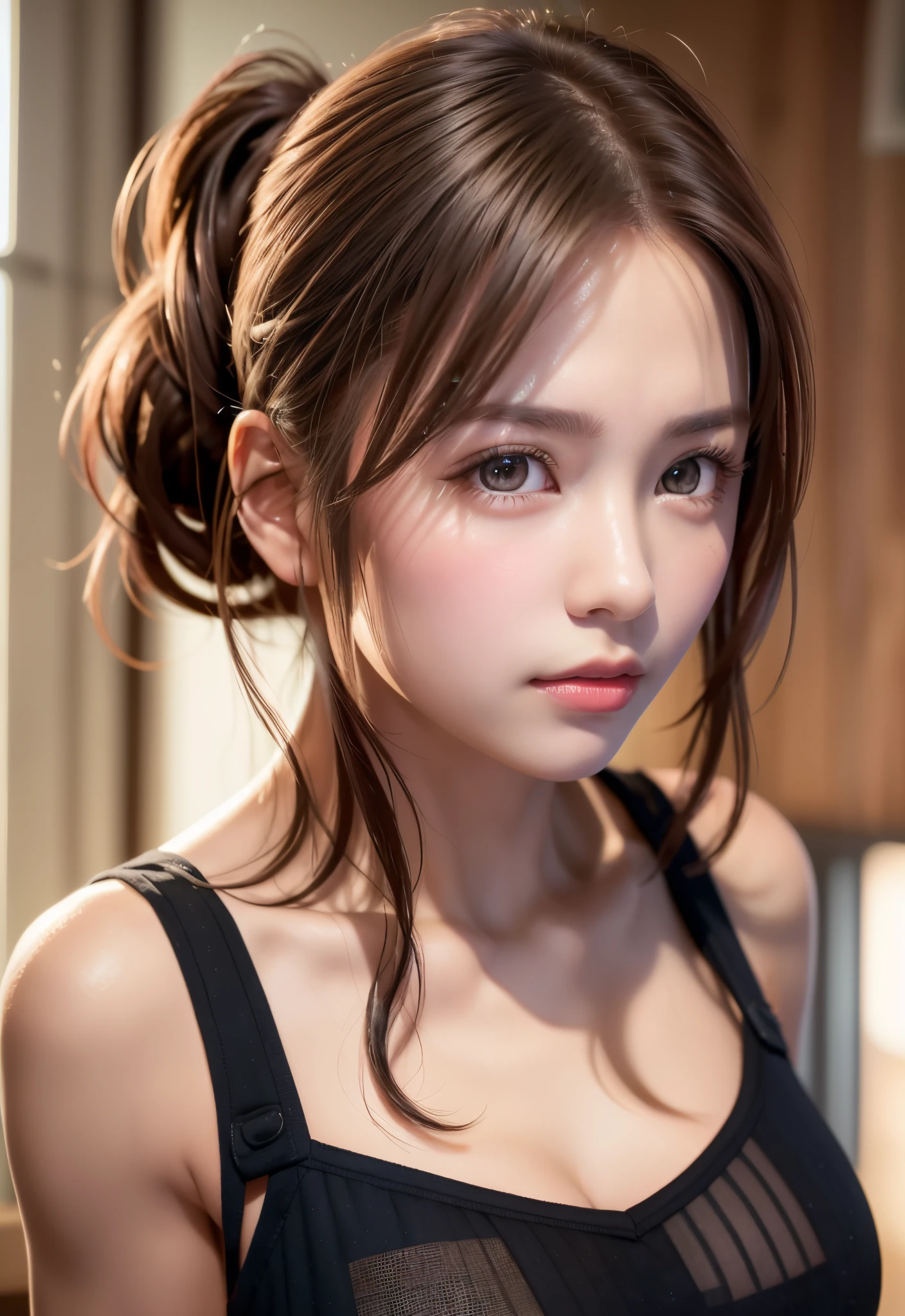 8K, of the highest quality, masutepiece:1.2), (Realistic, Photorealsitic:1.37), of the highest quality, masutepiece, Beautiful young woman, Pensive expression, Gentle eyes, sexy camisole、Hair tied back, Messy mood, Cinematic background,  Light skin tone