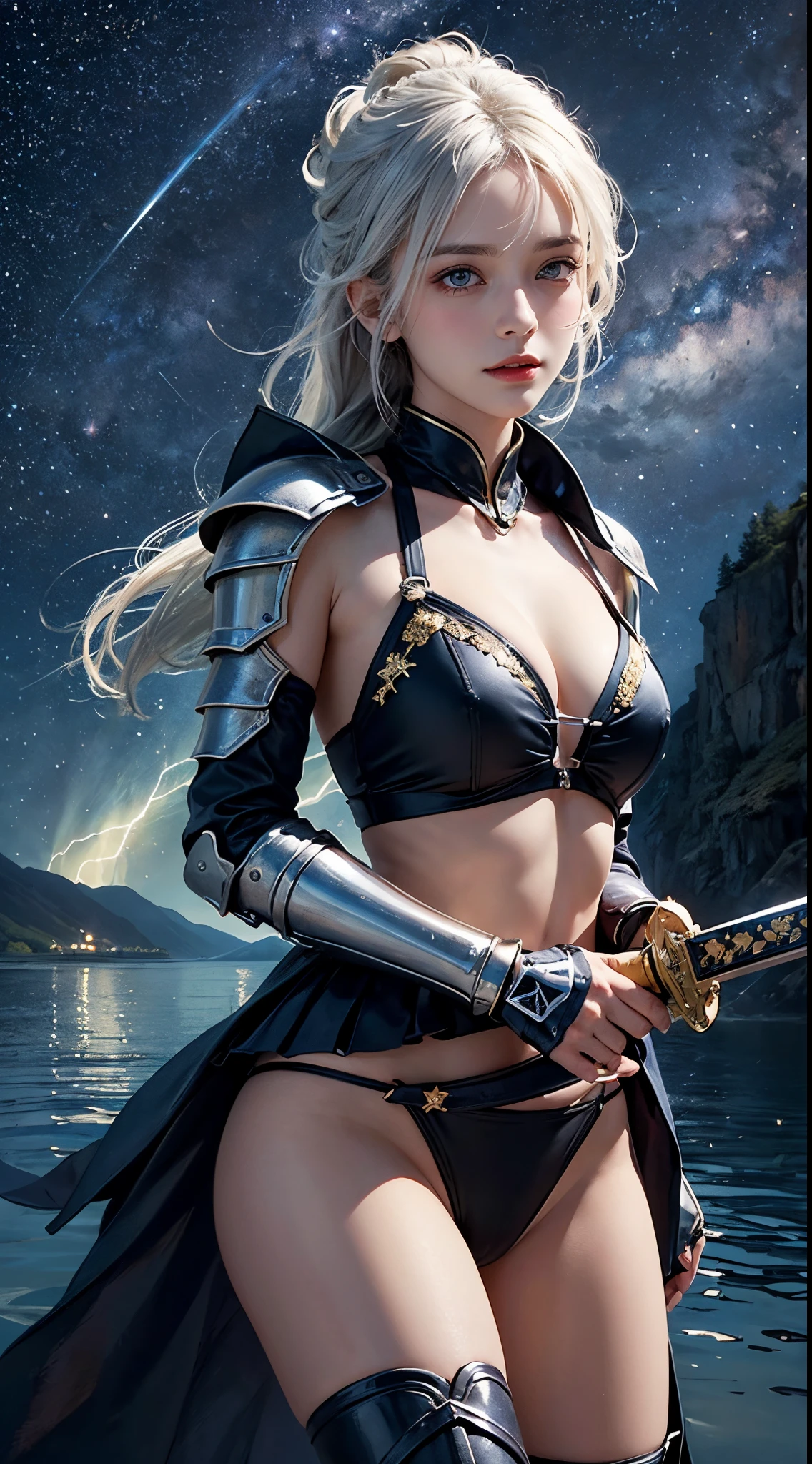 ((masterpiece)), (((best quality))), ((ultra-detailed)), ((illustration)), ((disheveled hair)), beautiful detailed eyes, (1girl:1.2), (solo), ((( A woman holding a Great Sword, Chrysaor ))) dynamic angle, (( A woman wearing bikini knight's armor)), (black kneehighs:1.1), (starry tornado:1.4), starry Nebula, ((frills)), beautiful detailed sky, beautiful detailed eyes, evil smile, expressionless, hairs between eyes, white hair, pleated skirt, ((disreveled hair)), 20 years old, in the lake,