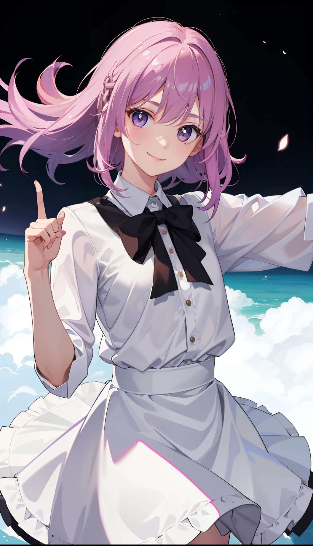 1girl in、AS-Adult、A smile、Light in the eyes、The shirt、Blouse、skirt by the、（small tits）Chilarism、movement、Upper body portrait、