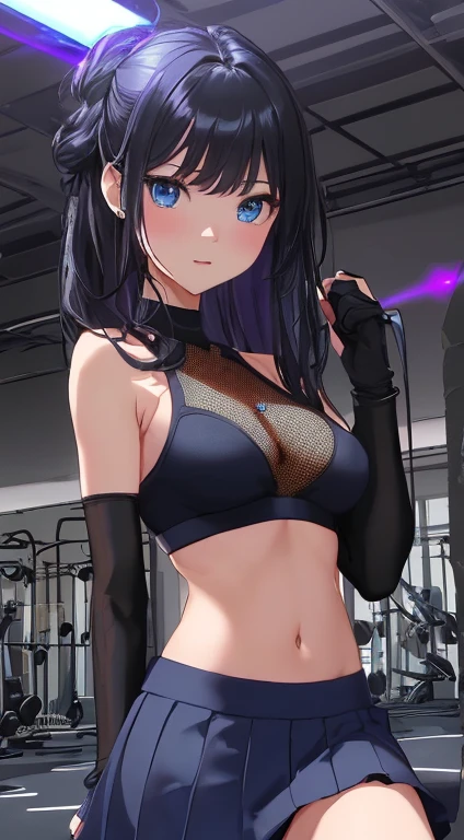 top-quality、Top image quality、​masterpiece、girl with((cute little、20yr old、Best Bust、Medium bust、Bust 85,Beautiful blue eyes、Breasts wide open,Long Black Hair、A slender、Middle knot、Black Sports Bra、Blue long trousers、White sheer short skirt,Reflecting the whole body、Black perforated gloves)）hiquality、Beautiful Art、Background with((clubhouse、Blue lighting、Multiple purple laser points、fitness club、natta)),masutepiece、Elaborate design、visualart、depth of fields、The best lighting、highestdetailed、8ｋ