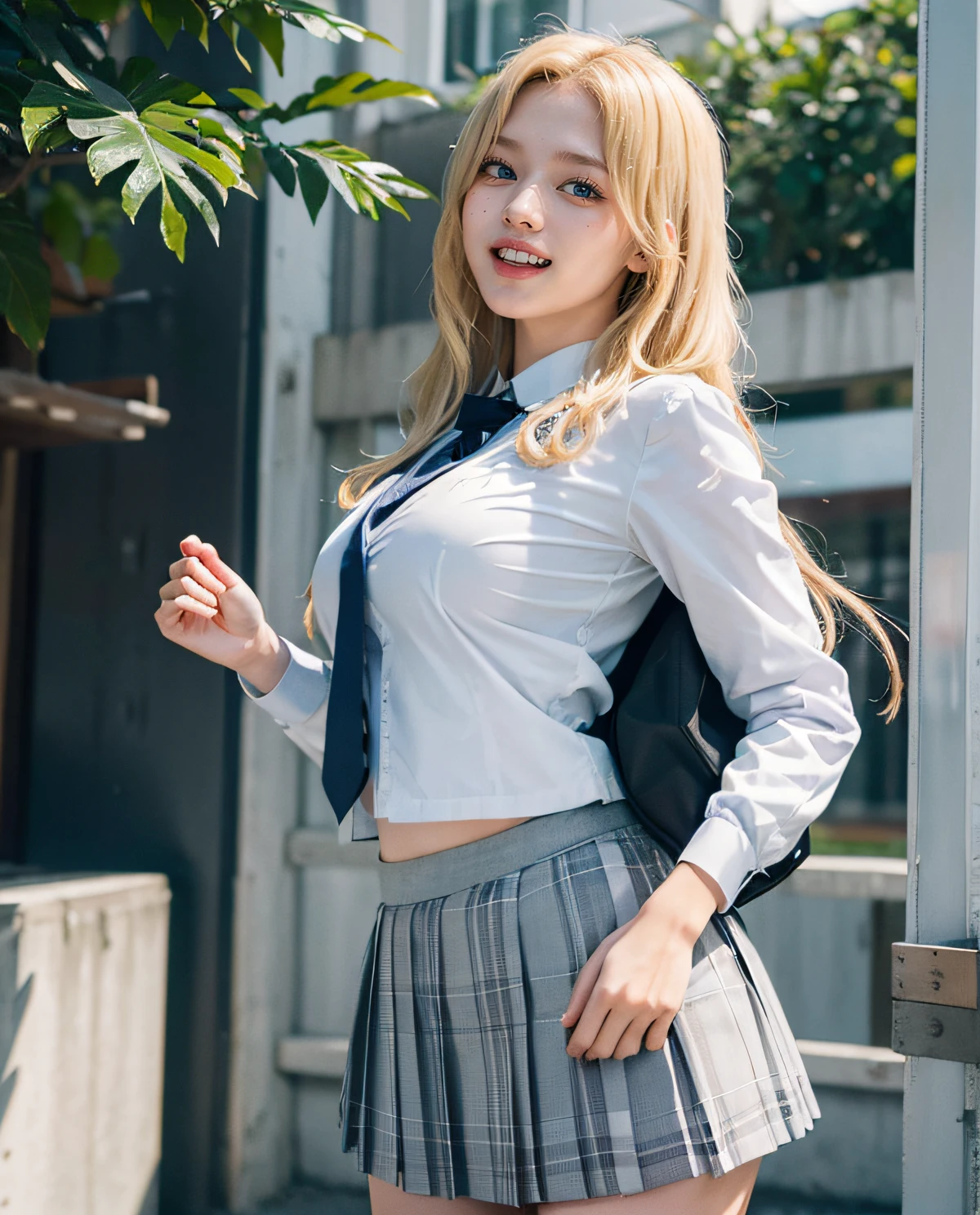 1girl, (Blue eyes), (laughing), (Sana Minatozaki), wide hips, Big Boobs, big ass, (Best Quality, 8k, Masterpiece: 1.3), perfect hands, Clear Focus: 1.2, Perfect Body Beauty: 1.4 , Slender Abs: 1.2, Highly detailed face and skin texture, detailed eyes, double eyelids, (blonde long hair), (white dress shirt :1.2), (gray school blazer), (plaid skirt flying in the air), ((japanese school uniform)), ((schoolgirl :1.3)), standing, dynamic pose, view from below, at the entrance of a Japanese school