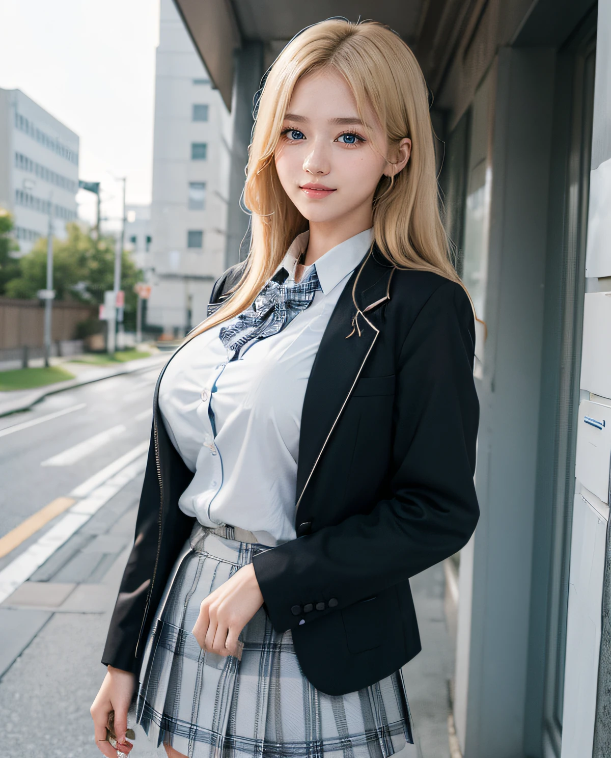 1girl, (Blue Eyes), smiling, (Sana Minatozaki), wide hips, Big Boobs, big ass, (Best Quality, 8k, Masterpiece: 1.3), Clear Focus: 1.2, Perfect Body Beauty: 1.4, Slender Abs: 1.2, Highly detailed face and skin texture, detailed eyes, double eyelids, (blonde long hair), (pink cute blazer), (collared dress shirt), (pink skirt), (high heels), sexy secretary, cute standing, at shibuya crossing, many people in the background