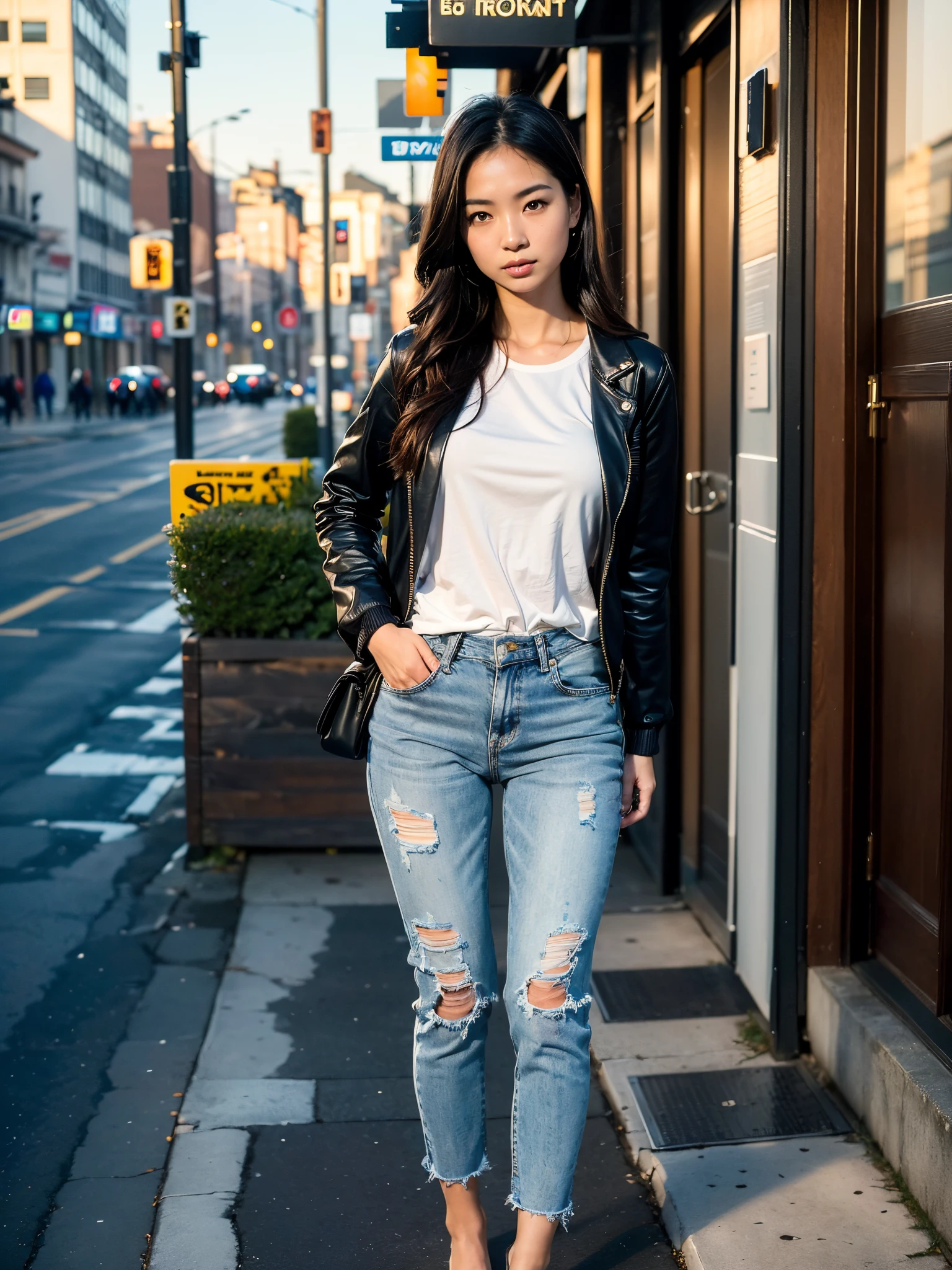 (full body portrait:1.4), RAW UHD portrait photo of a 24 year old woman called Kimmie Miso, (1 woman). Black hair, brown eyes, feminie features, dslr, ultra quality, film grain, (centred), Fujifilm XT3, detailed skin pores, intricate eye detail, jeans and sweater, winter jacket, snowy alley,