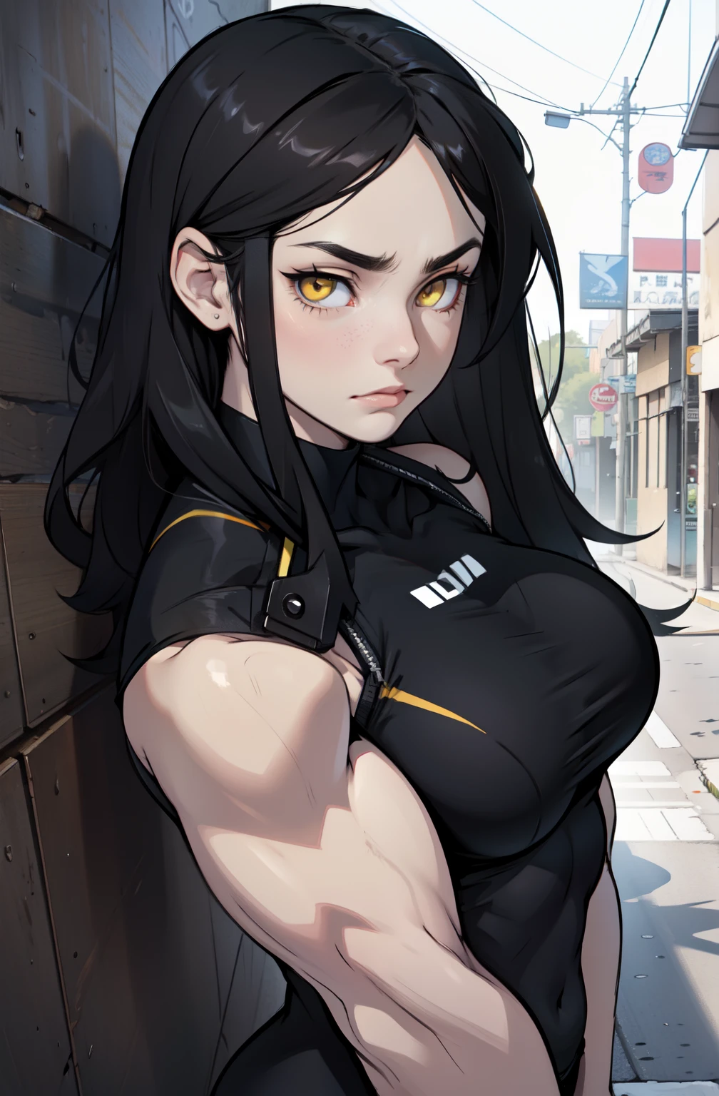 sad girl muscular breasts black hair yellow eyes pale skin