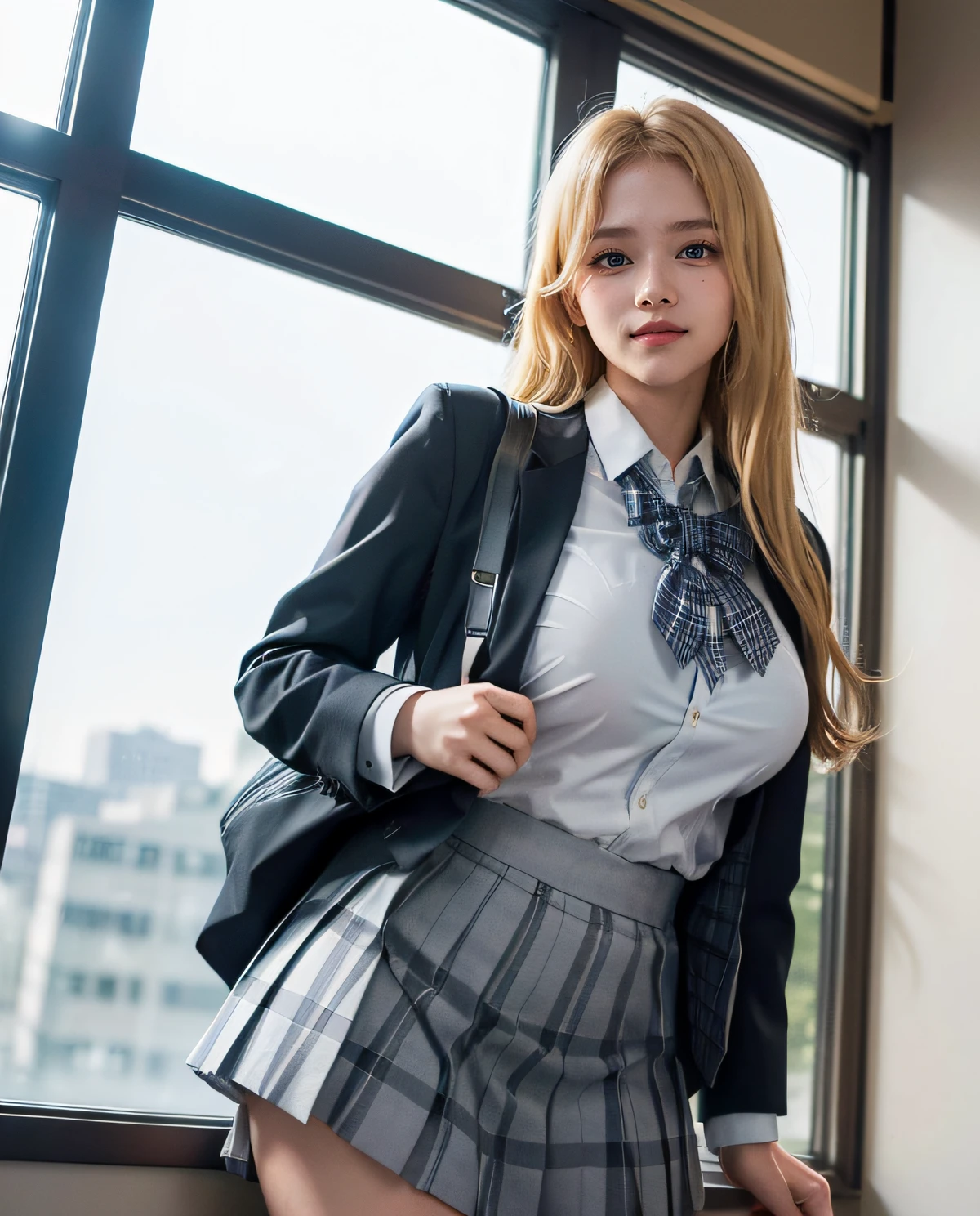 1girl, (Blue eyes), (smile), (Sana Minatozaki), wide hips, Big Boobs, big ass, (Best Quality, 8k, Masterpiece: 1.3), perfect hands, Clear Focus: 1.2, Perfect Body Beauty: 1.4 , Slender Abs: 1.2, Highly detailed face and skin texture, detailed eyes, double eyelids, (blonde long hair), (white dress shirt :1.2), (gray school blazer), (plaid skirt flying in the air :1.3), ((japanese school uniform)), ((schoolgirl :1.3)), standing showing panties, (view from below :1.2), at the entrance of a Japanese school