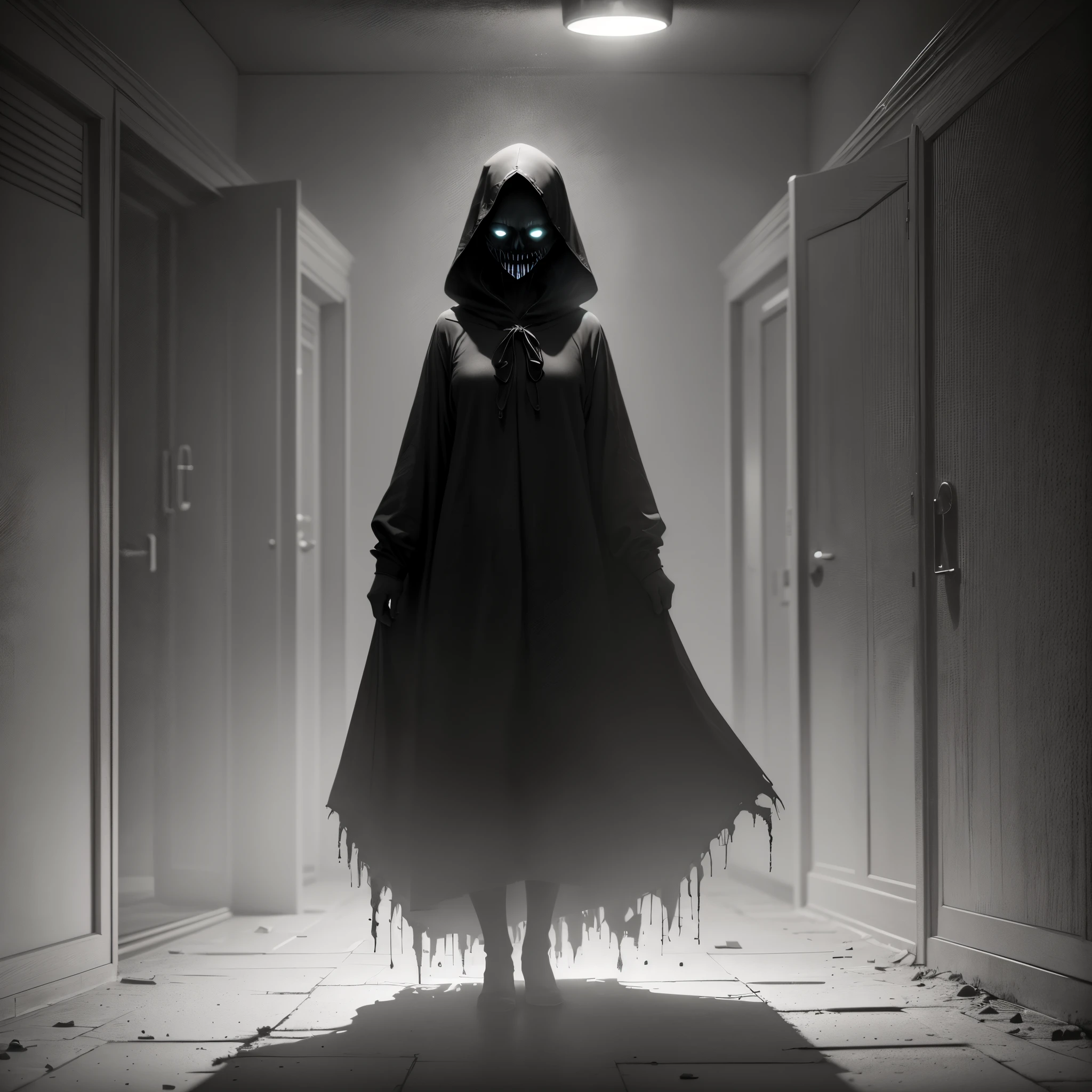 In cinematic cartoon style "Open Door: Show the door partially ajar with a sense of eerie coldness emanating from it.Shadowy Figure: Depict a shadowy, ghostly figure approaching the door. The figure should have a haunting, ghastly face with glowing eyes.