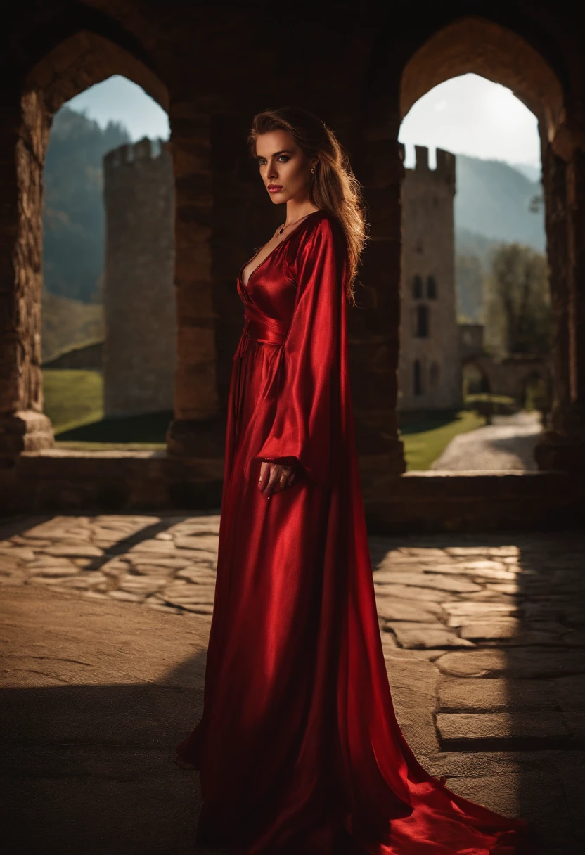 sexy girl cahtrine zeta looking angry in medieval translucent red wizard robes, sexy, menacing, seductive in a medieval castle, dramatic lighting, realistic, foto