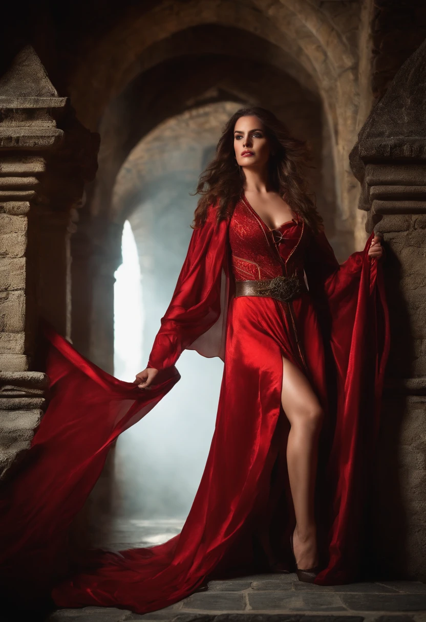 sexy girl cahtrine zeta looking angry in medieval translucent red wizard robes, sexy, menacing, seductive in a medieval castle, dramatic lighting, realistic, foto