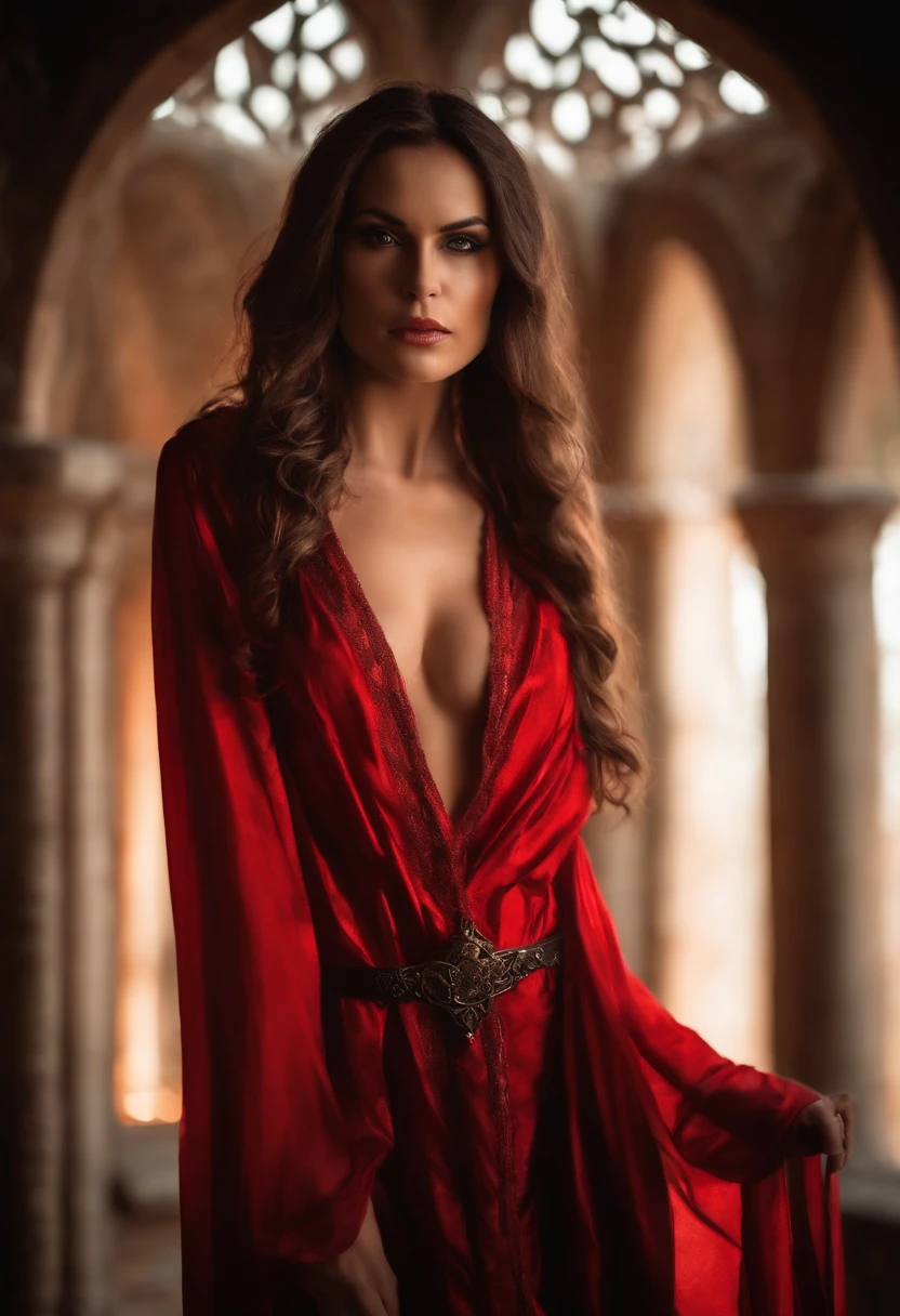 sexy girl cahtrine zeta looking angry in medieval translucent red wizard robes, sexy, menacing, seductive in a medieval castle, dramatic lighting, realistic, foto