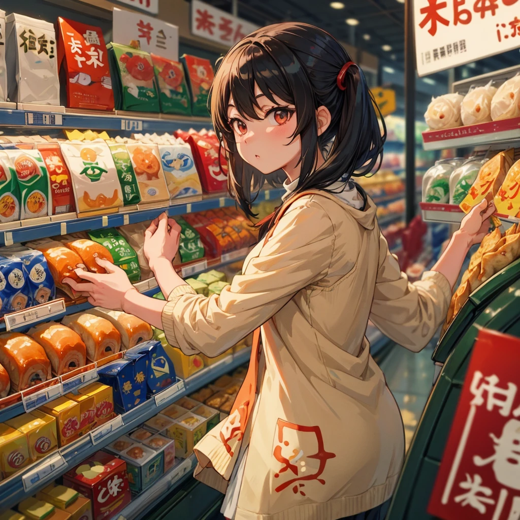 (best quality:1.4), anime, solo, A girl in supermarket gyoza dumplings jiaozi
