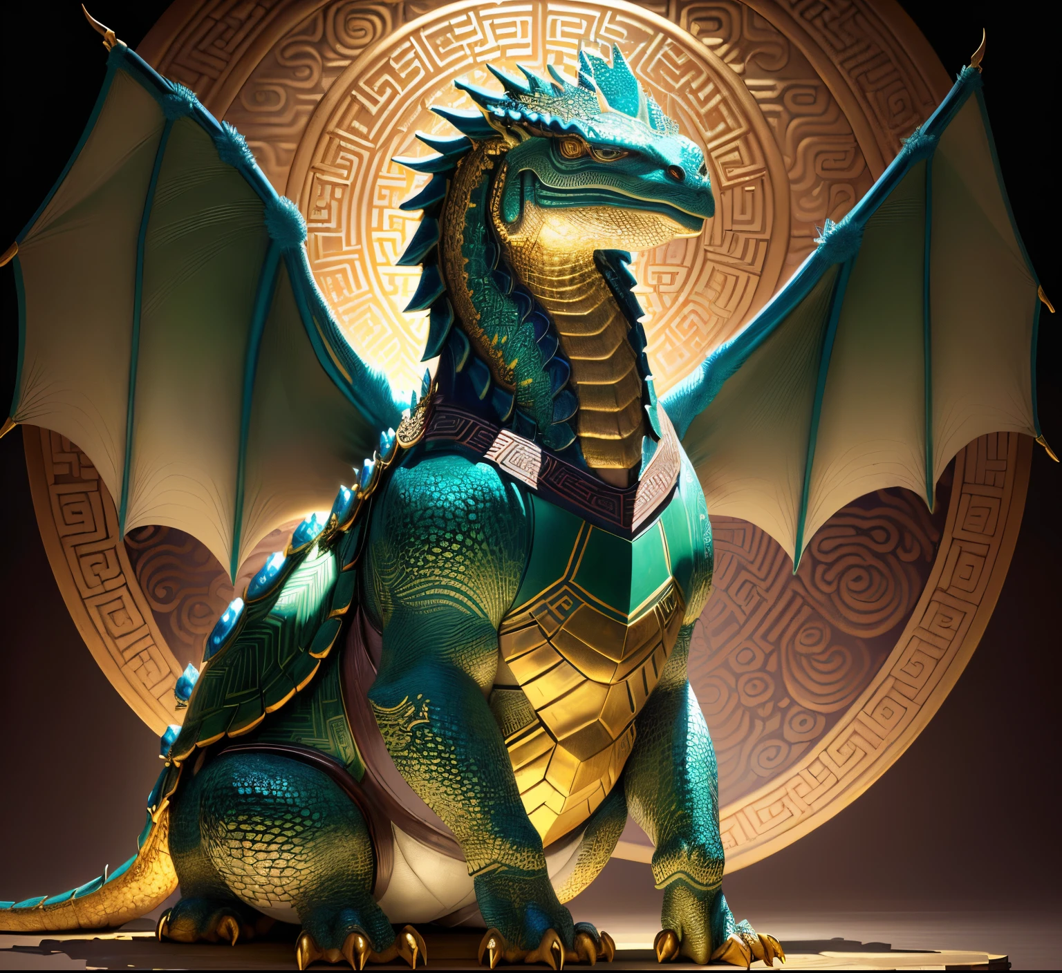 (best quality,4k,8k,highres,masterpiece:1.2),ultra-detailed,(realistic,photorealistic,photo-realistic:1.37),gold-plated turtle,beautifully crafted,giant turtle with intricately detailed scales,legendary creature of China,concept art of Chinese turtle,shimmering gold reptile,majestic and wise,dragonesque features,serpentine tail,smooth and glossy texture,dominant presence,awe-inspiring,mythical guardian of wisdom and longevity,harmonious integration of dragon and turtle,serene and powerful,dignified and mysterious,beacon of tranquility,celestial symbolism,ornate golden patterns,delicate craftsmanship,symbol of good fortune and prosperity,respected and revered throughout history,embodiment of ancient Chinese mythology,timeless icon of wisdom and strength,enchanted creature with mythical powers,an embodiment of nature's beauty and grace,artistically captured in stunning detail,mesmerizing masterpiece,evokes a sense of awe and wonder,created with unparalleled artistry and skill,fascinating subject for admirers of Chinese folklore and culture,a true testament to the rich traditions of Chinese art and symbolism,vibrant colors and exquisite composition,graceful and elegant,immortalized in a work of art that transcends time and space.