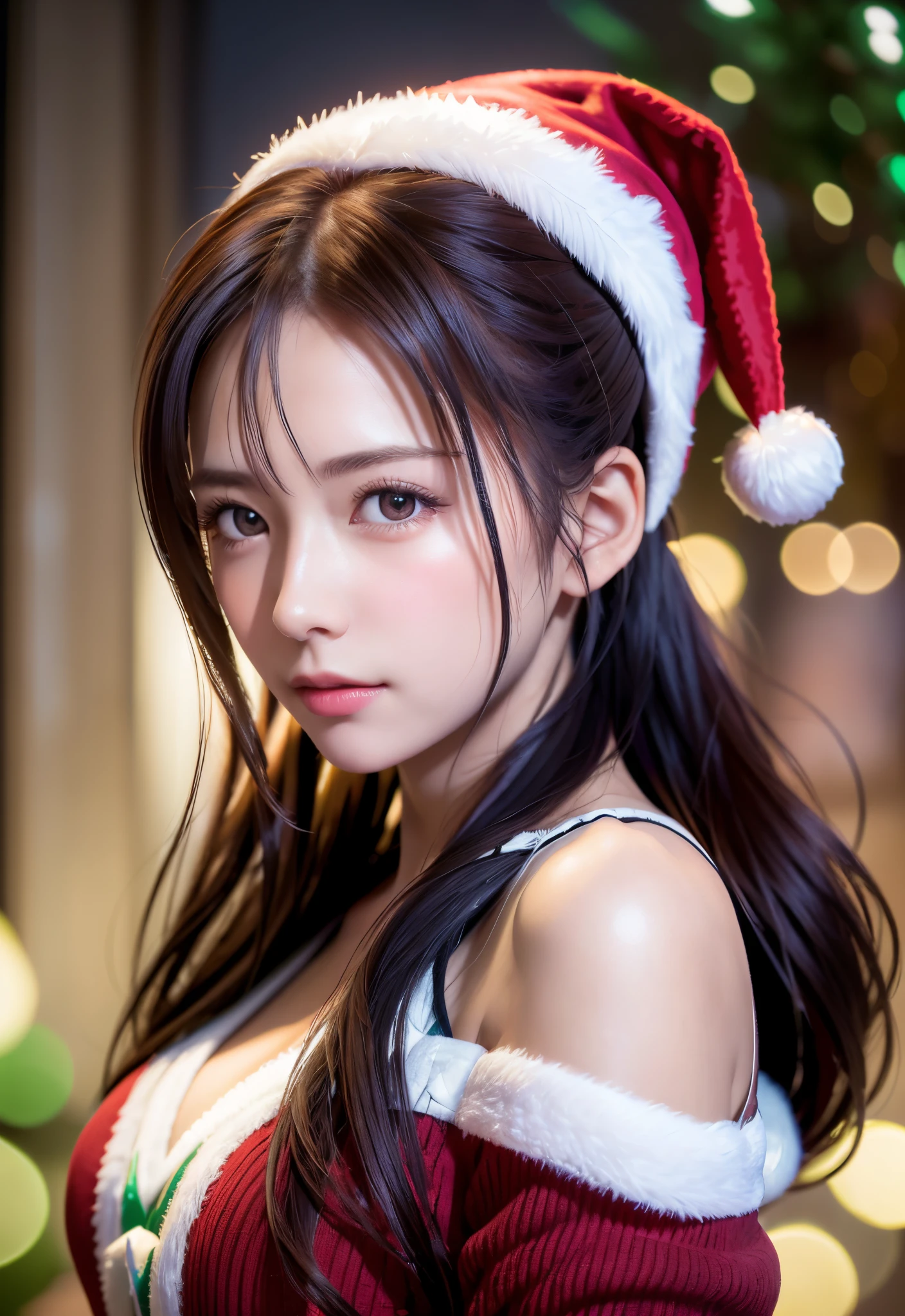 Photorealistic, masutepiece, Best Quality, Raw photo, 1girl in, Solo, Long hair, Brown hair, Detailed face, alluring face, Santa Claus Costume, medium breasts, Dynamic Pose, Looking at Viewer, From below, Detailed background, fine detailed, intricate detailes, Ray tracing, depth of fields, lowkey, nffsw