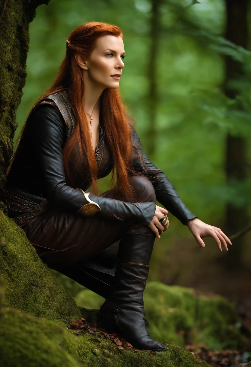 sexy tauriel in black medieval leather, foto, medieal ruins in the wood