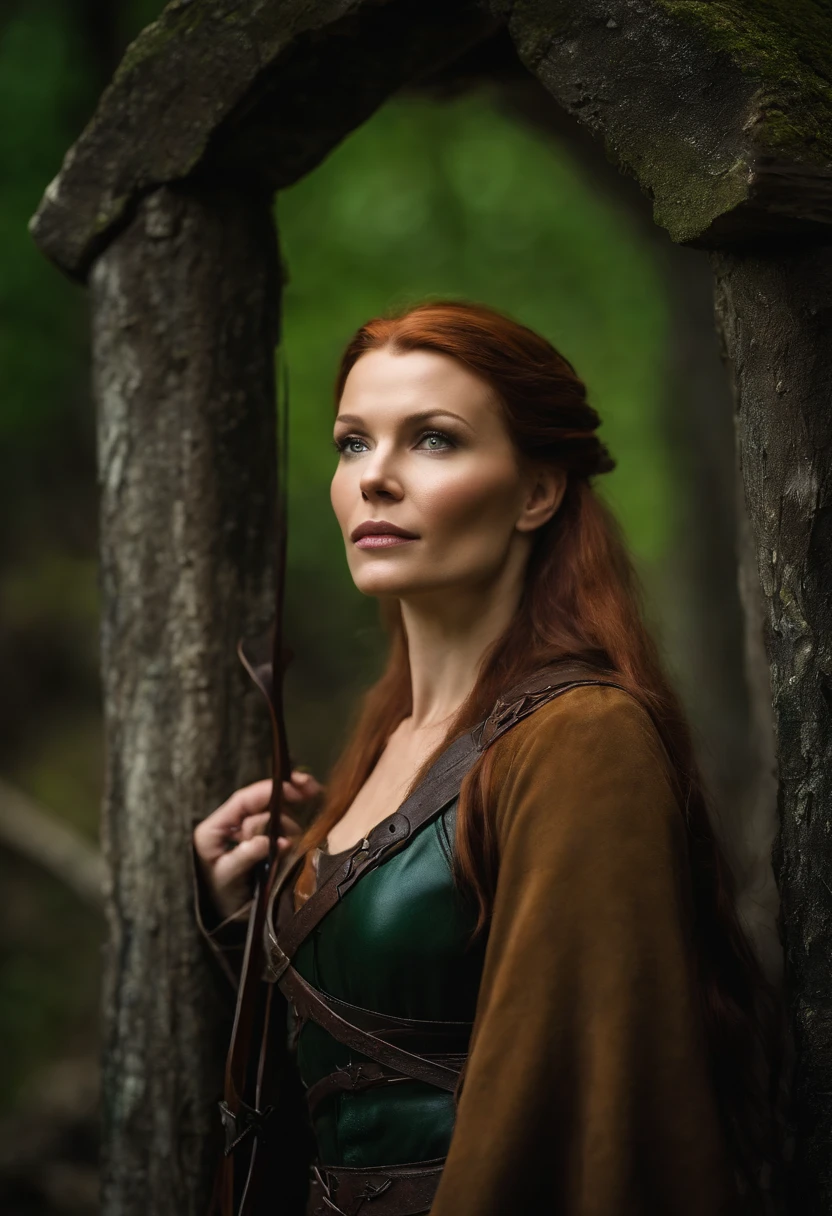 sexy tauriel in black medieval leather, foto, medieal ruins in the wood