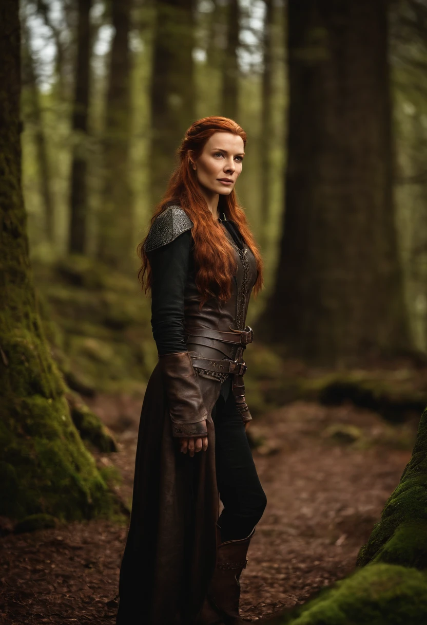 sexy tauriel in black medieval leather, foto, medieal ruins in the wood
