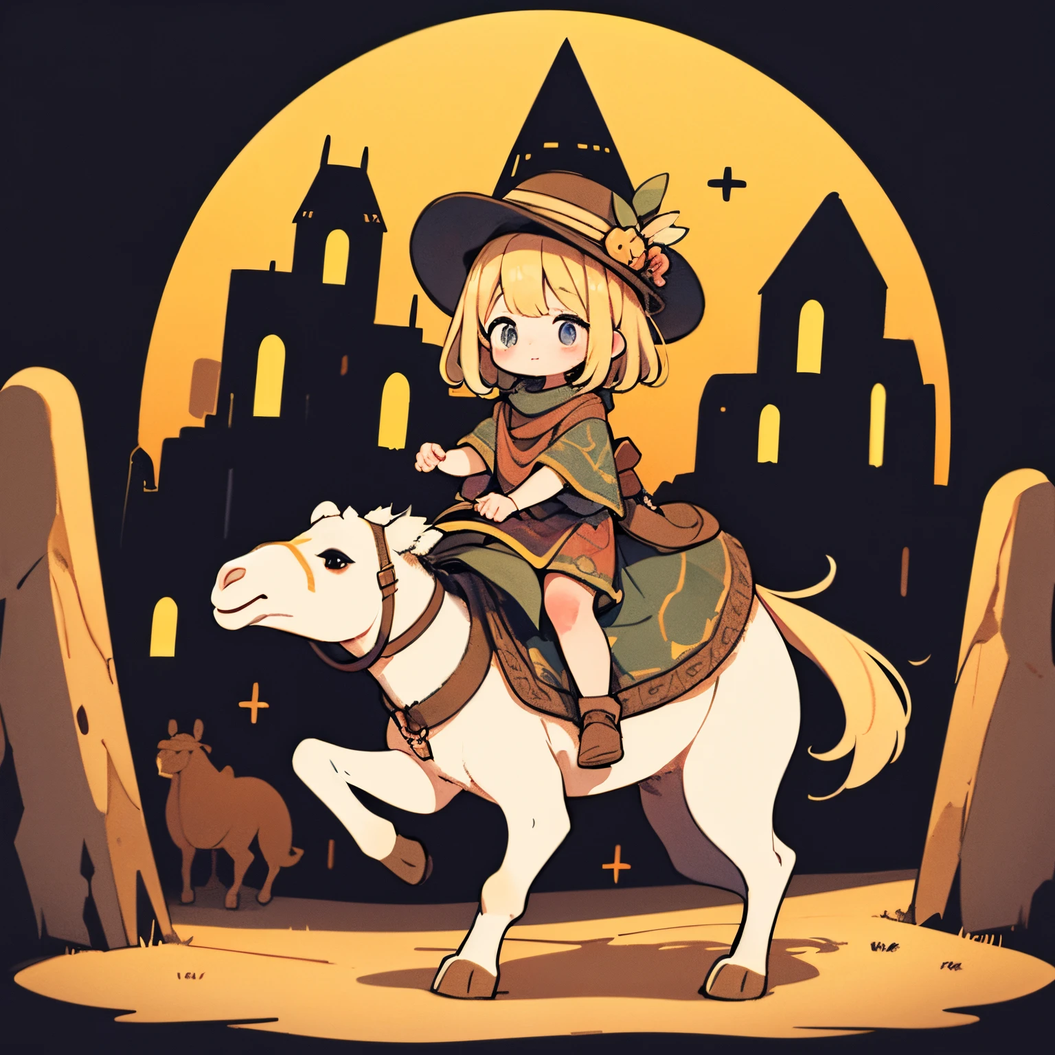 A masterpiece, a detailed background, A desert、oasis、Moon Night、Cute little girl riding a Bactrian camel、Cowboy Hat