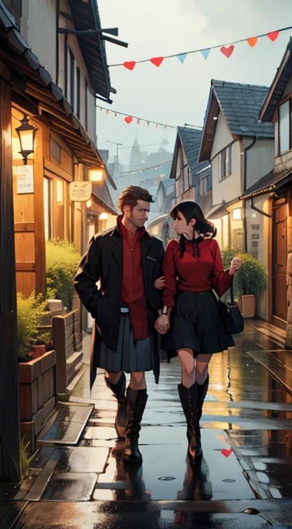 A good looking man and woman are walking hand in hand on a village street in modern European city.  There is a village store in the background . He is dressed in a casual clothes and she is in blouse and skirt and high boots. It is raining.  Mainly black and red colors in the image. It is a older setting about dark psychology and manipulation. There are many hearts in the image. It is a dark fantasy setting