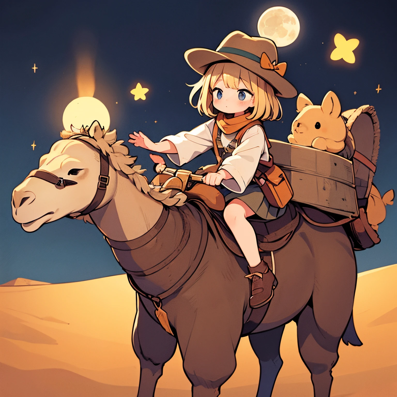 A masterpiece, a detailed background, A desert、oasis、Moon Night、Cute riding a Bactrian camel、Cowboy Hat