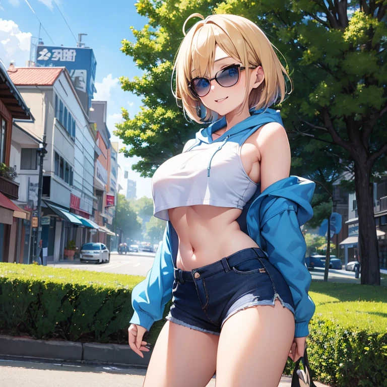 2D Anime Style、Blue eyes、breasts are slightly larger、Blonde Shorthair、cool and beautiful adult woman、Laughing、full bodyesbian、Winter outdoor、She is wearing shorts, sunglasses, and a hoodie that shows off her stomach.