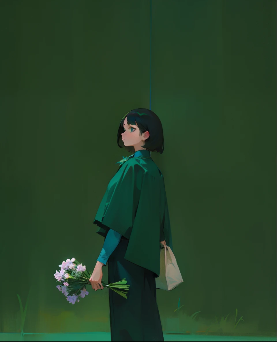a woman standing in front of a white wall holding a bouquet, with short hair, lofi girl, with ivy, with teal clothes, with flowers, low quality photo, with cape, green clothes, photoshoot, smooth in _ the background, lofi girl aesthetic, 🤤 girl portrait, casual pose, dressed with long fluent clothes, aesthetic!!, simple aesthetic