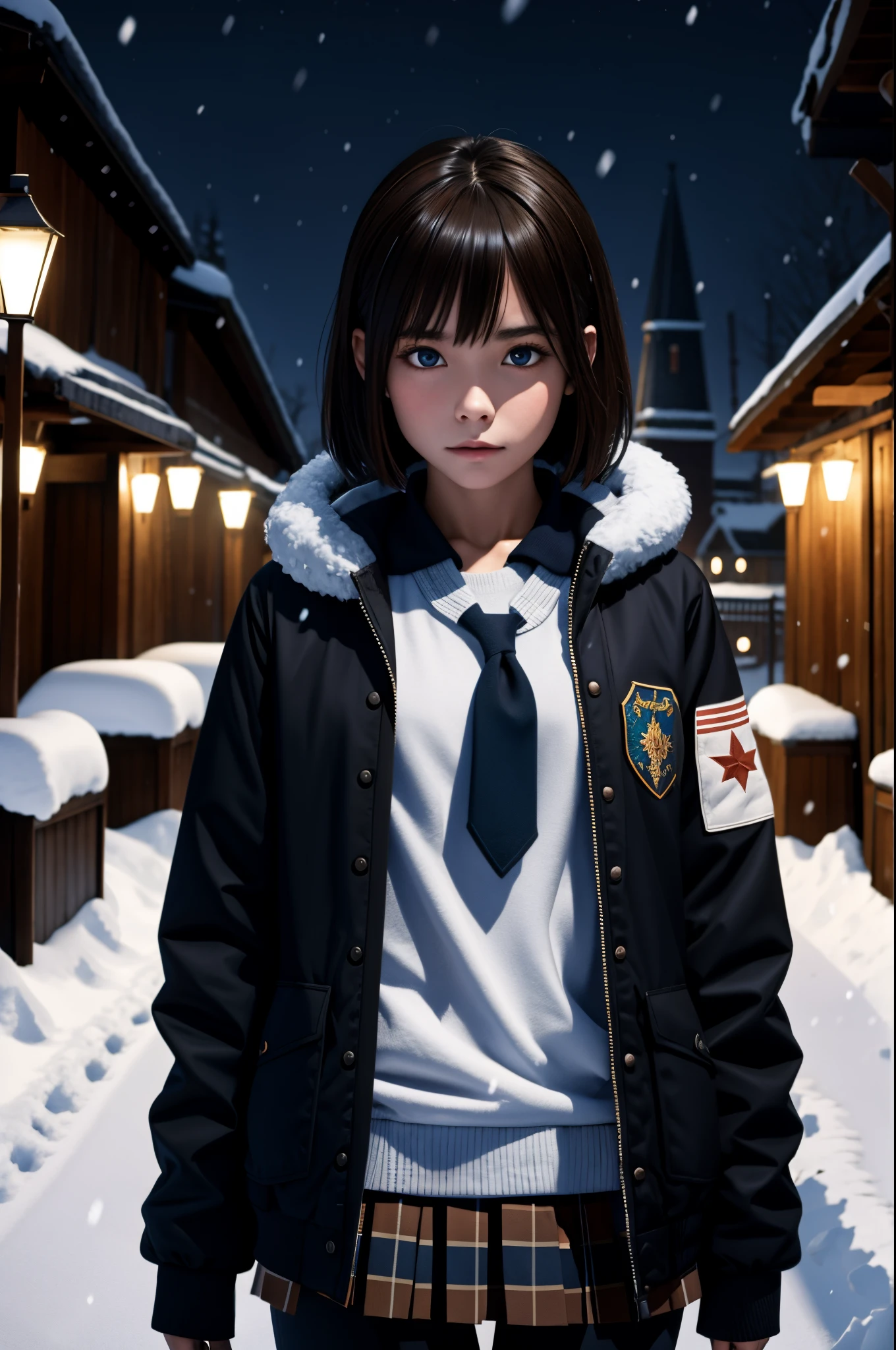 {{masterpiece, official art, 8k, extremely detailed, detailed}}, 1girl, perfect face, perfect fingers, perfect arms, school girl, young, short girl, perfect anatomy, solo, blue sweatshirt, open jacket, warm black pants, standing, field, shy, brown hair, tall, brown eyes, wide eyes, short hair, petite, small breasts, school girl, village, (old clothes:1.2), depression, tension, horror, snow, snow dark village, (night:1.3), (dark atmosphere:1.2), fur jacket, russian face