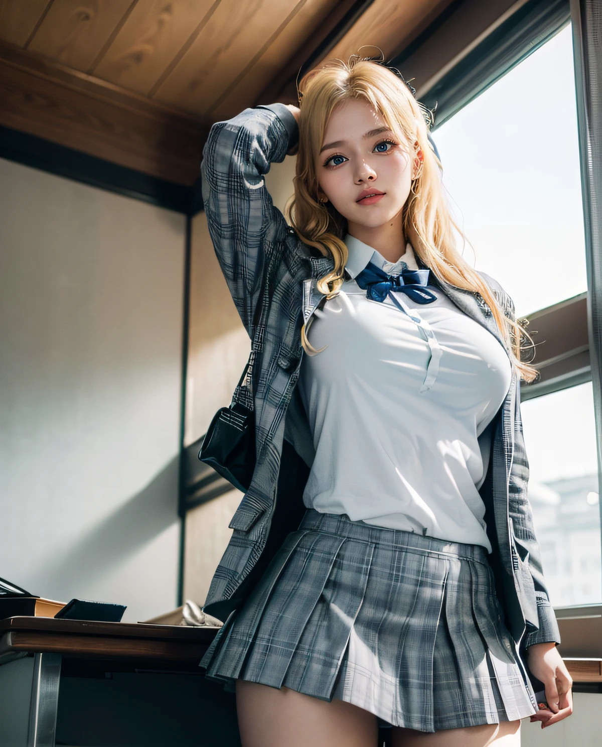 1girl, (Blue eyes), (smile), (Sana Minatozaki), wide hips, Big Boobs, big ass, (Best Quality, 8k, Masterpiece: 1.3), perfect hands, Clear Focus: 1.2, Perfect Body Beauty: 1.4 , Slender Abs: 1.2, Highly detailed face and skin texture, detailed eyes, double eyelids, (blonde long hair), (white dress shirt :1.2), (gray school blazer), (plaid skirt flying in the air :1.3), ((japanese school uniform)), ((schoolgirl :1.3)), standing showing panties, (view from below :1.2), at the entrance of a Japanese school