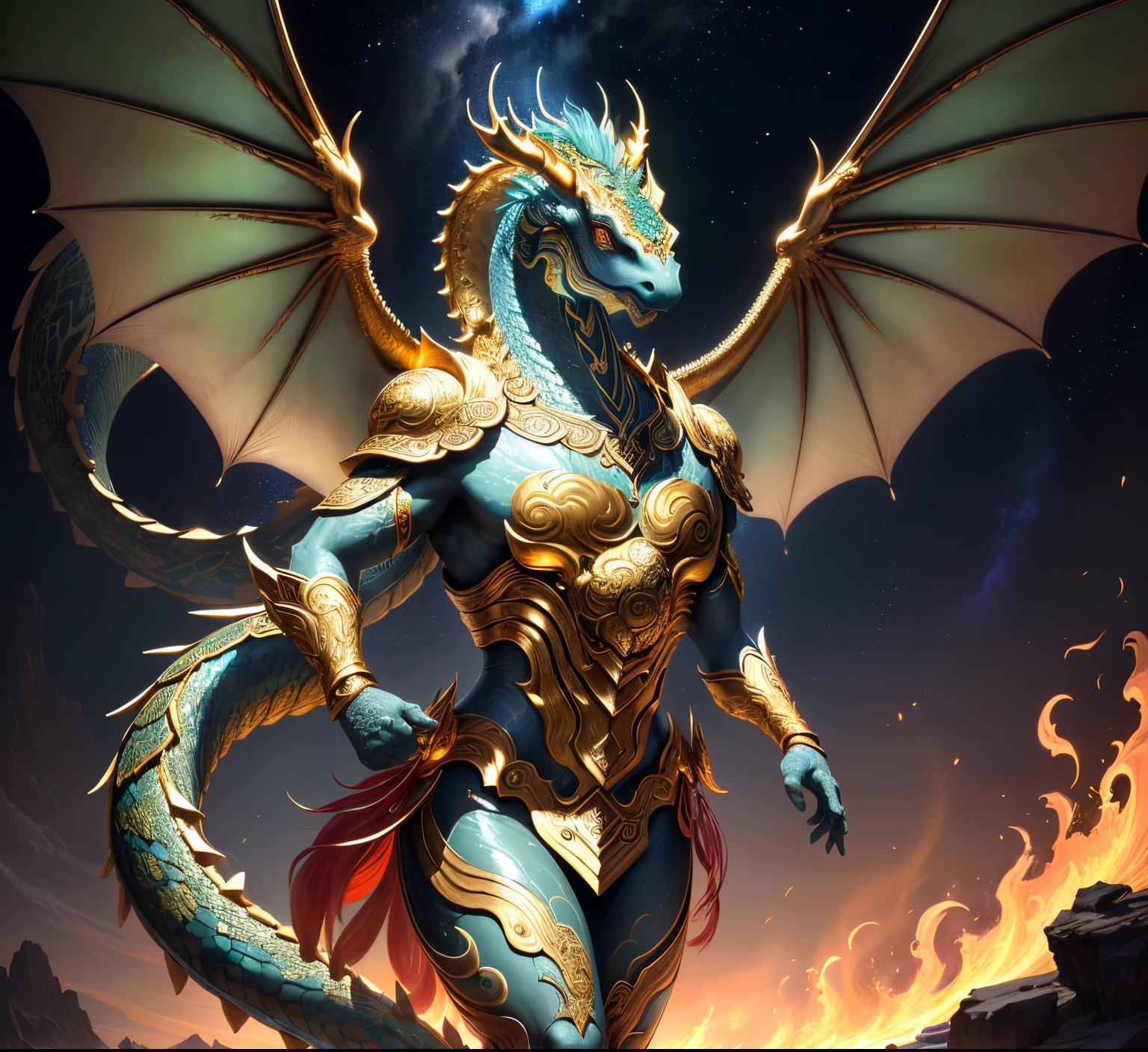 Create an image of a divine ascending dragon, depicted with an aura of majesty and power. The dragon should be coiling upward in a dynamic pose, with its scales gleaming in a spectrum of iridescent colors. Its eyes should convey wisdom and strength. Surrounding the dragon, incorporate elements like swirling clouds and ethereal light beams that emphasize its ascension and celestial nature. The overall scene should evoke a sense of awe and wonder, capturing the es