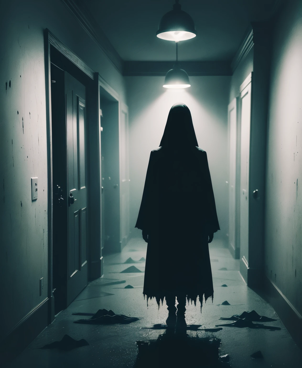a terrifying horror scene, lone figure standing in a dark space, ghostly apparitions emerging from the shadows, surreal and disturbing ambiance, highly detailed, photorealistic, with a focus on textures, shadows, and lighting effects, reminiscent of The Grudge, nightmare scene, surrealistic [high contrast], limited color palette, dark shadows, haunting, eerie, ghostly figures