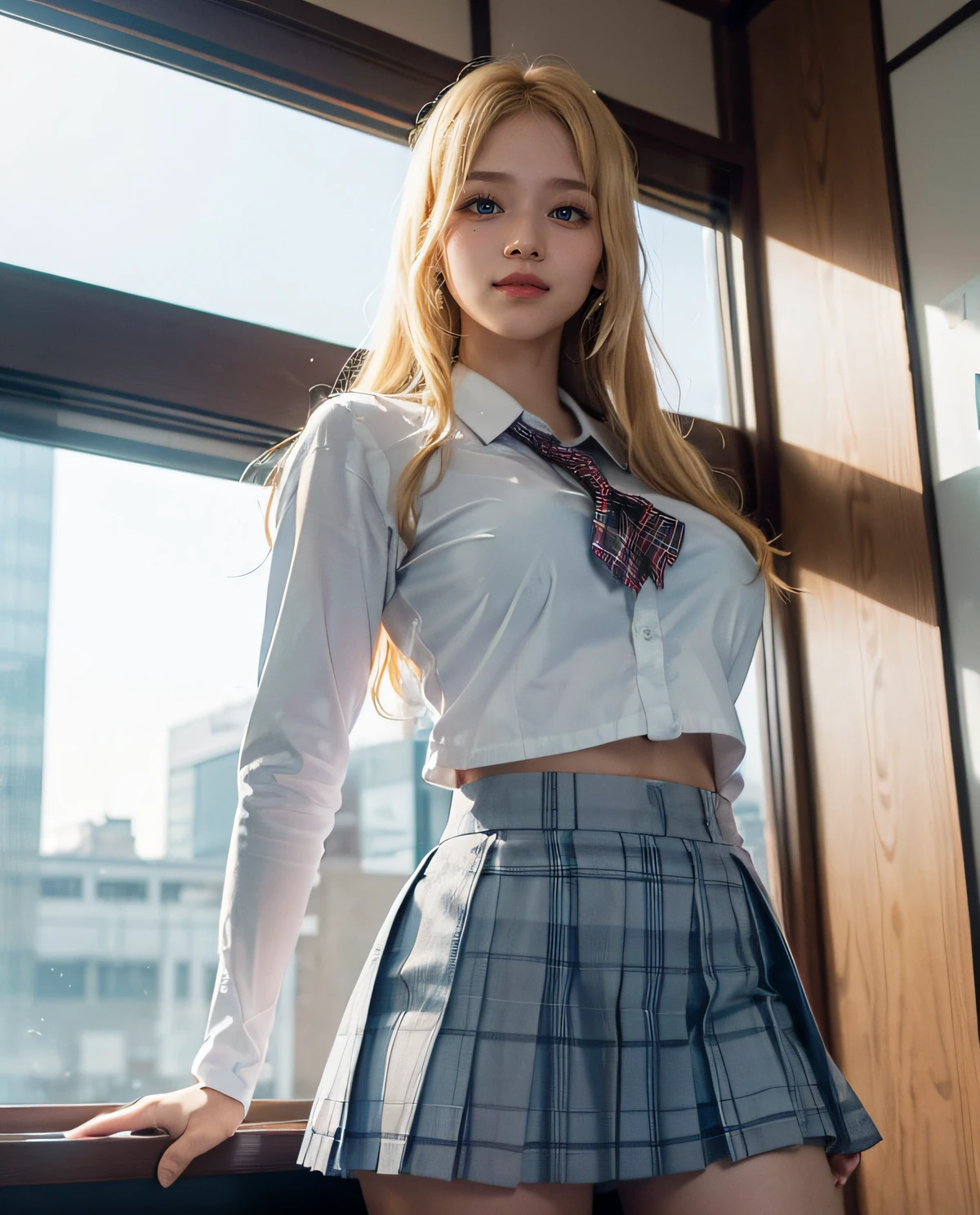 1girl, (Blue eyes), (smile), (Sana Minatozaki), wide hips, Big Boobs, big ass, (Best Quality, 8k, Masterpiece: 1.3), perfect hands, Clear Focus: 1.2, Perfect Body Beauty: 1.4 , Slender Abs: 1.2, Highly detailed face and skin texture, detailed eyes, double eyelids, (blonde long hair), (white dress shirt :1.2), (plaid skirt flying in the air :1.3), ((japanese school uniform)), ((schoolgirl :1.3)), (standing showing panties :1.3), (view from below :1.2), at the entrance of a Japanese school