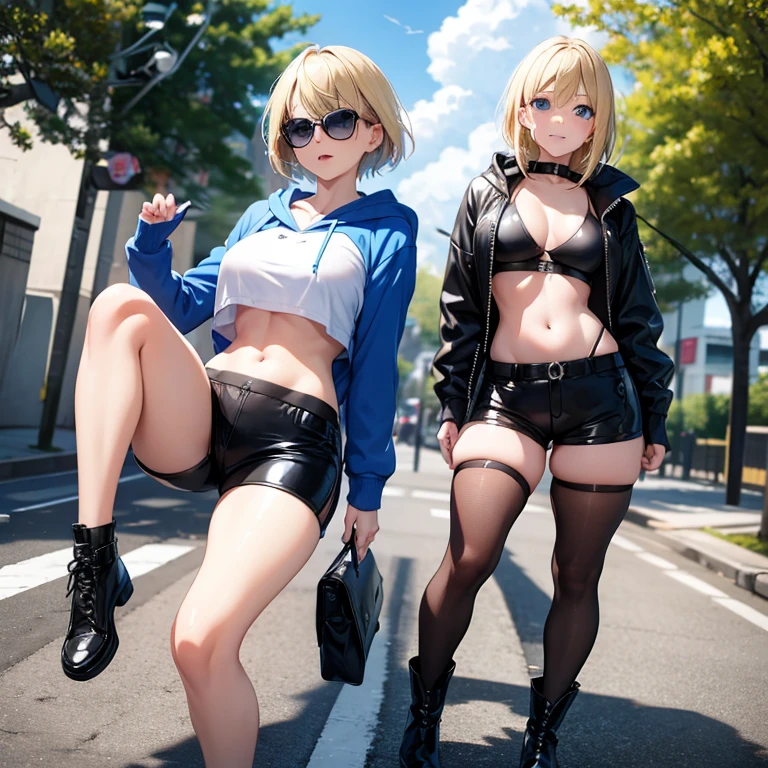 2D Anime Style、Blue eyes、breasts are slightly larger、Blonde Shorthair、cool and beautiful adult woman、Laughing、full body Esbian、Winter outdoor、she is wearing leather shorts, Sunglasses, And a hoodie that shows your stomach.