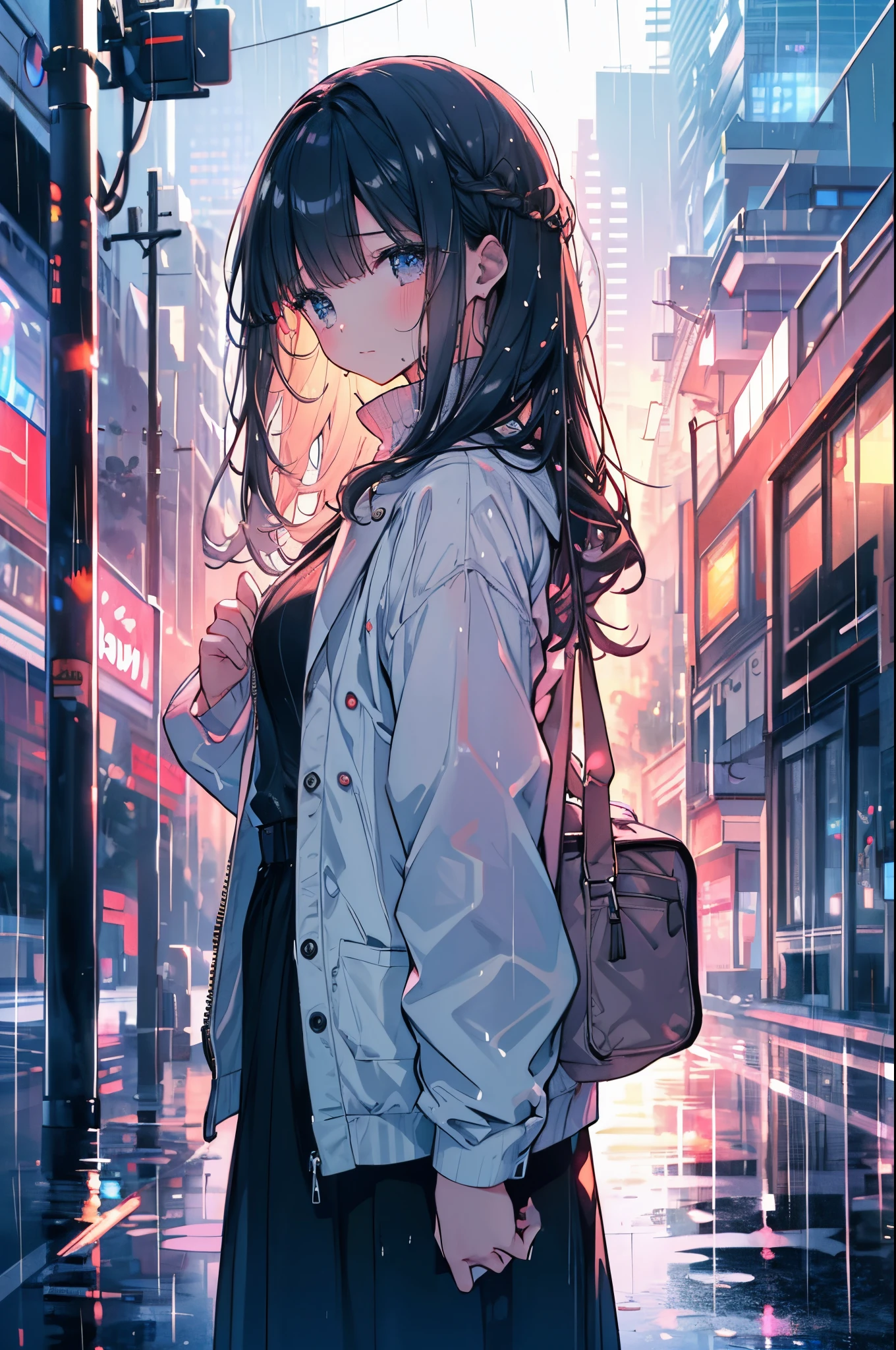1 girl in, Masterpiece, top-quality, An ultra-high picture quality, being hit by rain, Sateen, is crying, length hair, Sadness look, looking slightly upwards, Beautiful fece, urban backdrop, A gloomy town in the rain,
